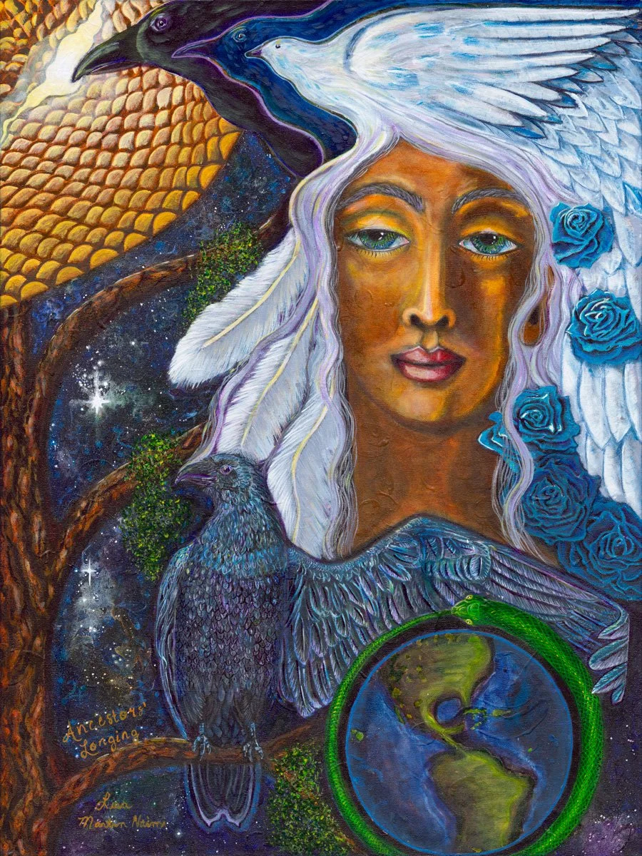 Surreal painting featuring a woman's face with white hair blending into bird feathers. A raven and other birds are incorporated into the hair. The background includes a night sky, the Earth, and golden scales.