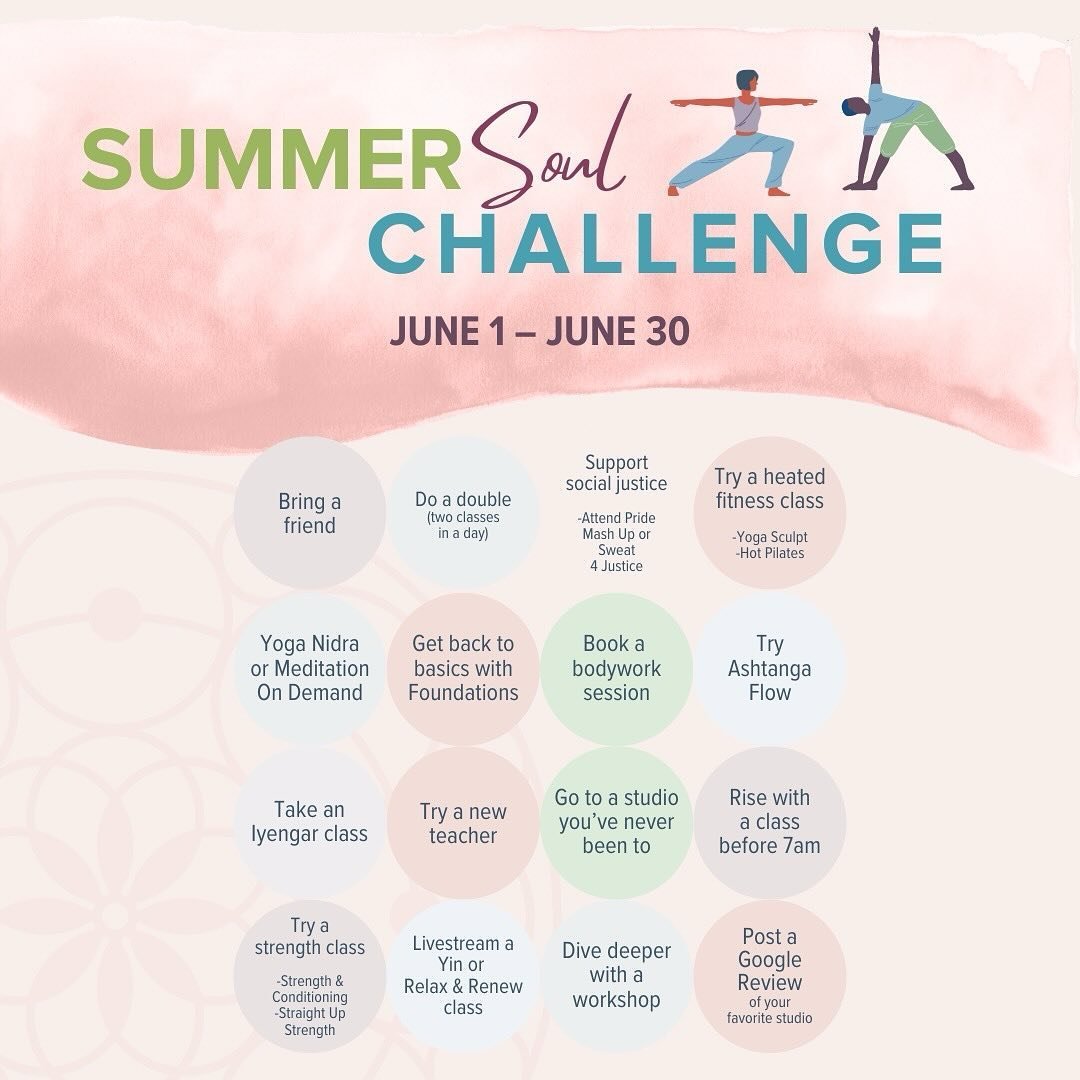WELCOME SUMMER ☀️ With our Summer Soul Challenge! We hope these 16 activities will inspire you to return to your mat, try new classes &amp; meet new teachers!

Each activity is worth 1 entry - minimum 5 activities to be eligible to win. If you comple
