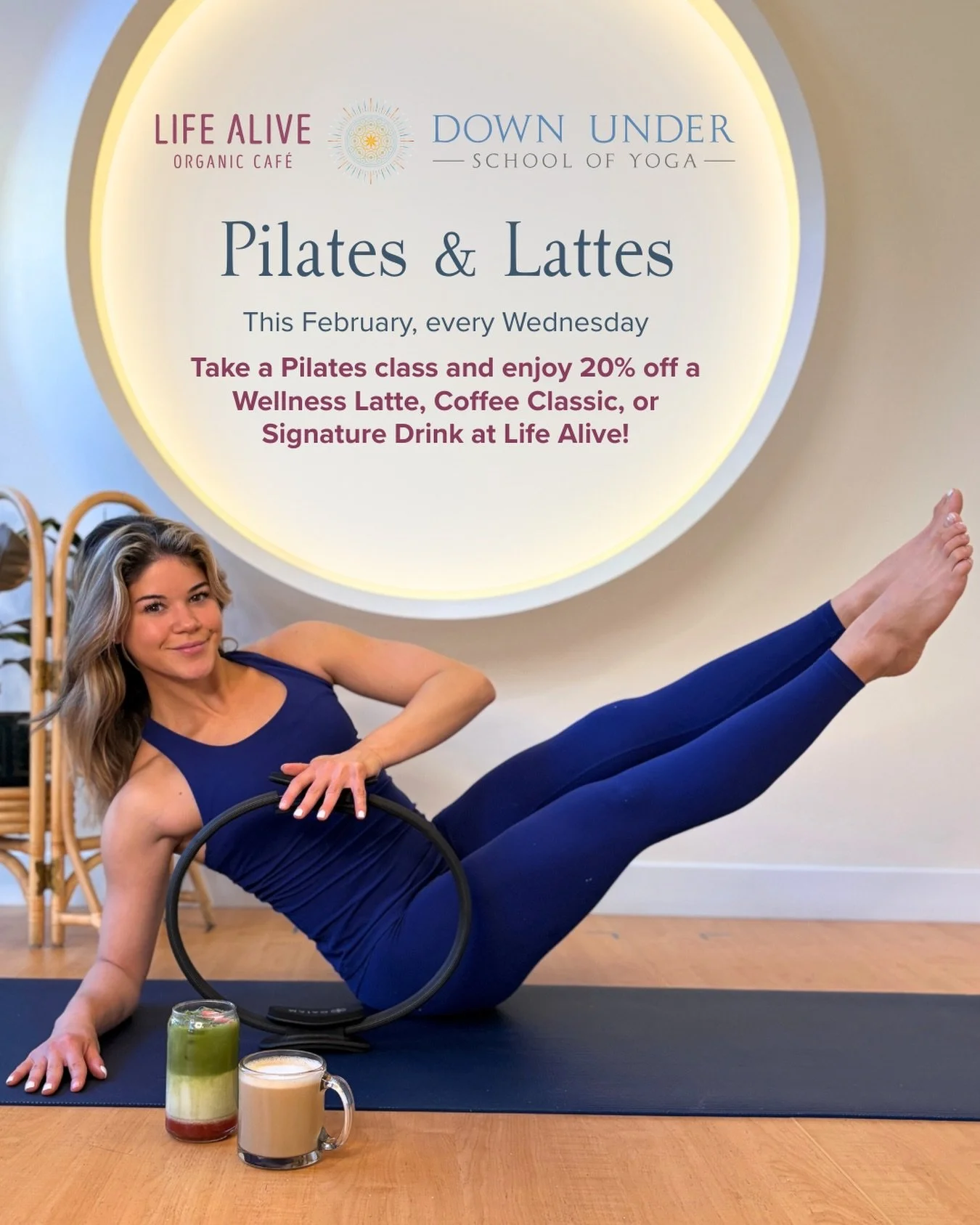 Pilates + lattes = our favorite midweek ritual ☕️🩰 Every Wednesday in February take a Pilates class at Down Under School of Yoga and enjoy 20% off a Wellness Latte, Coffee Classic, or Signature drink at Life Alive Organic Cafe &mdash; because practi