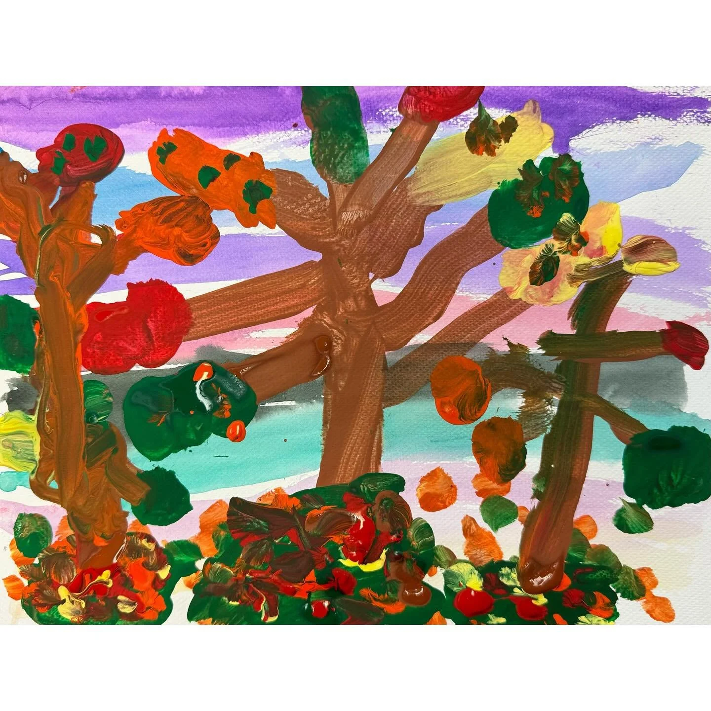 A few colorful kindergarten fall paintings. We started with a colorful watercolor painting and then added the fall trees on top during our second class. There are many different working styles with my youngest artists and this project really illustra
