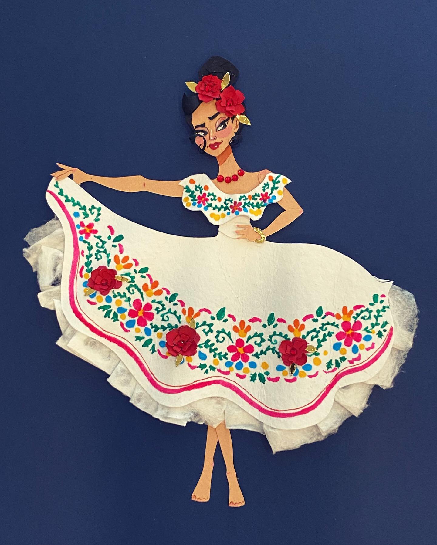 Central American girlie in her t&iacute;pico dress. Made with cut paper and painted with gouache. #paperart #paperartist