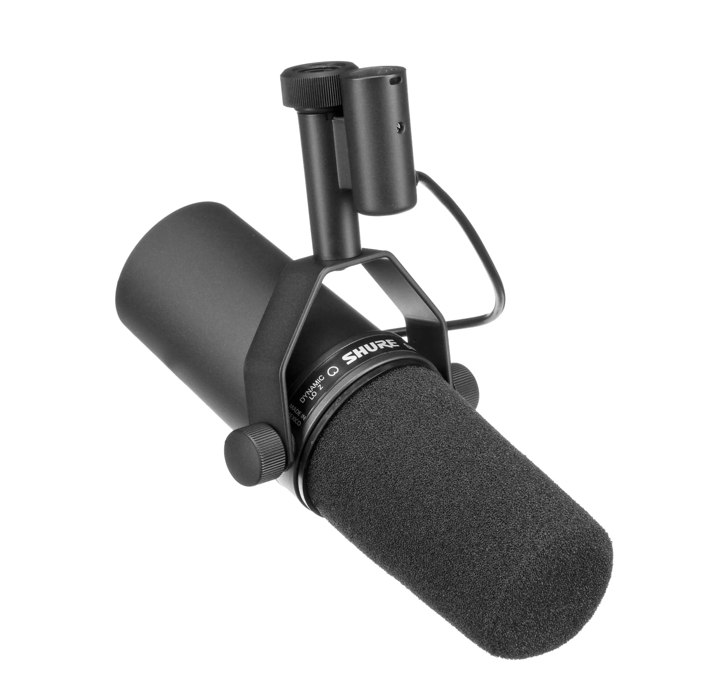 A professional shotgun microphone with a foam windscreen, mounted on a shock mount
