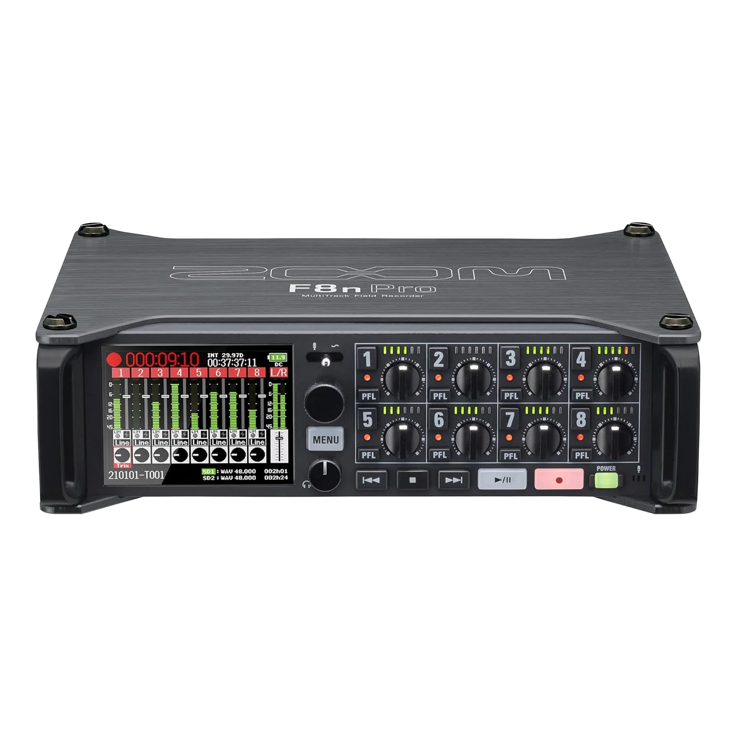 Audio recording device with multiple controls and a colorful display screen.