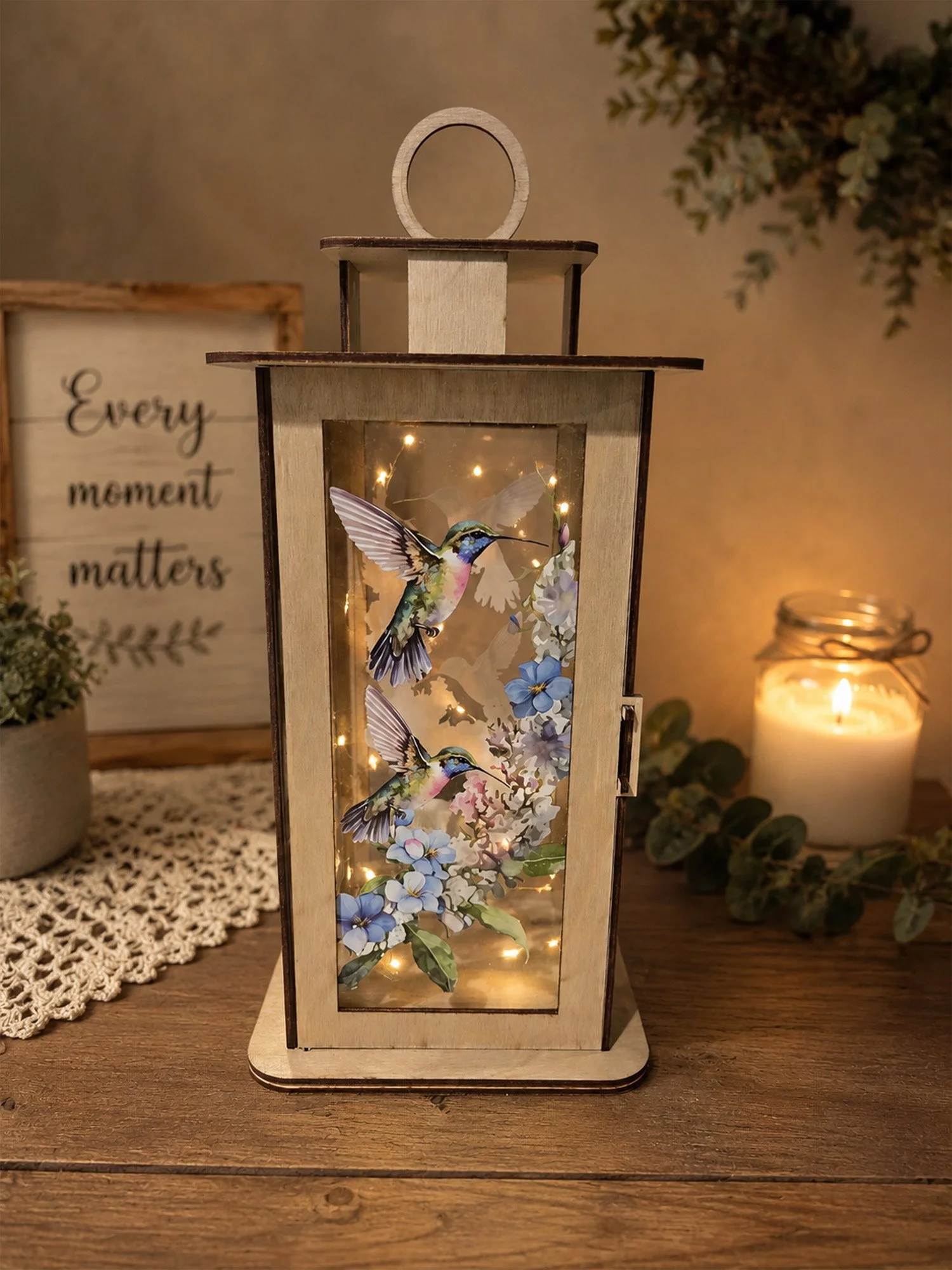 Handcrafted Hummingbird Wildflower Wooden Lantern with Warm LED Glow