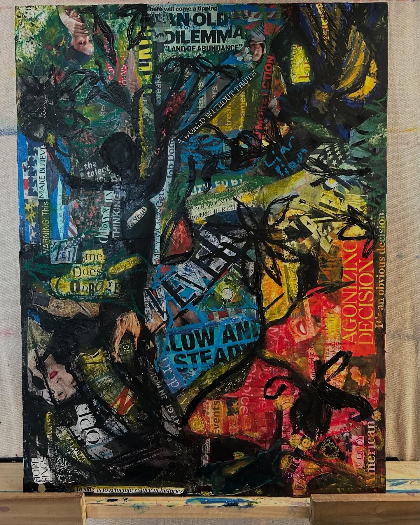 Hope, 2025, mixed media collage on canvas board.

I love the layering and textures that happens with mixed media and collages - the graininess of unblended oil pastels, the sketchy lines, the way images from more sources than I can remember somehow s