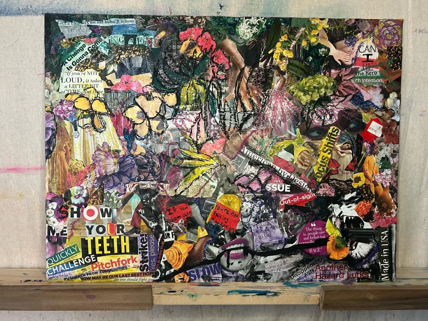 Blinded by&hellip; ; 2025-26; Mixed media on canvas board: magazine images, oil pastel, ink, acrylic.

Last one from this first batch of completed collages from this collection! I&rsquo;m feeling Obfuscate / Fracture as the name for the group.

#mixe