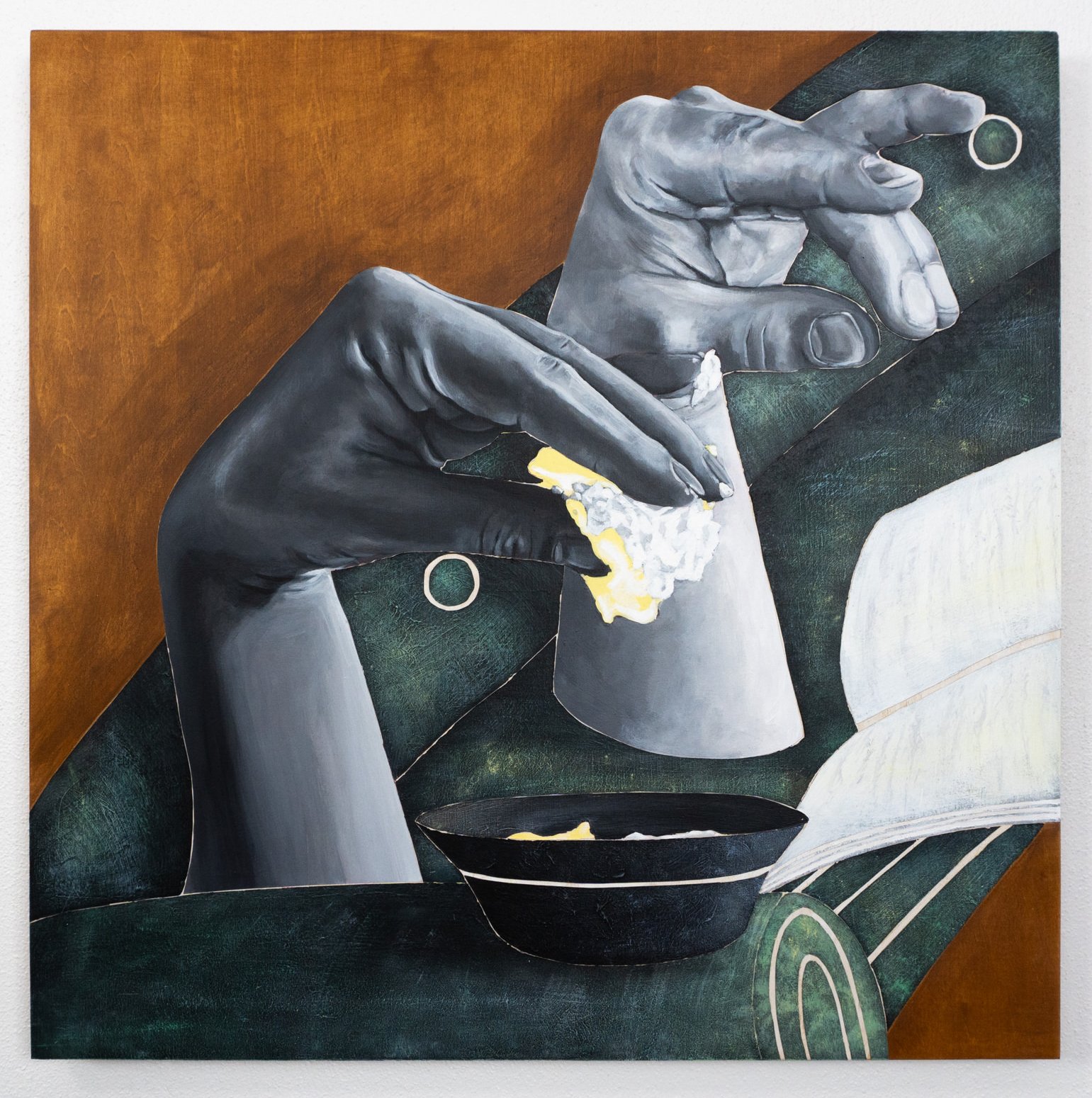 A dark and light hand sit together on a green couch, one hand handles food while the other reads. Figurative narrative painting by April Werle exploring cultural insecurity, cultural identity, and shared life.