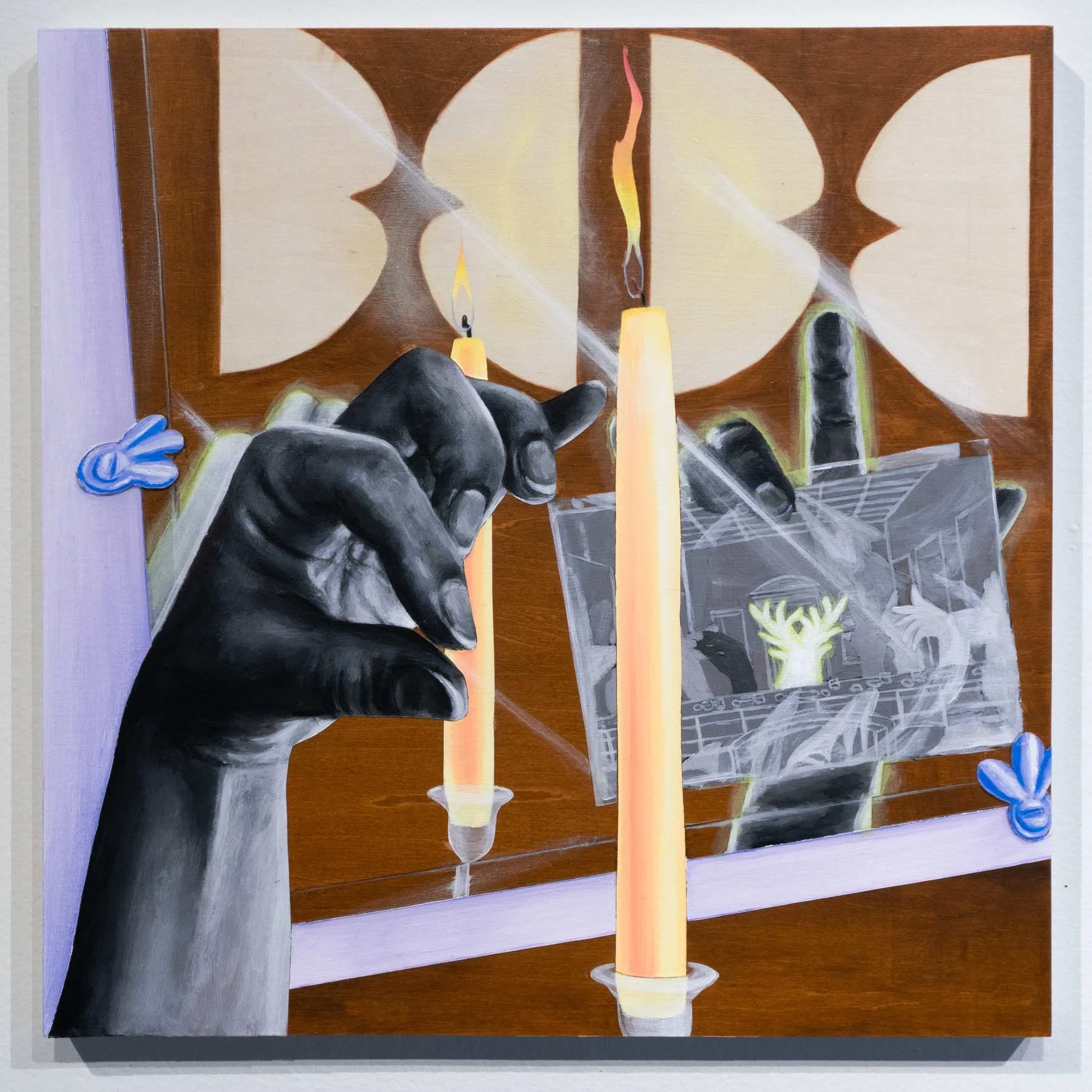 A glowing hand holds a photo before another figure and a mirror. A glowing stag in the photo references the Last Supper. Figurative narrative painting by April Werle exploring religion, code-switching, and mixed-race identity.