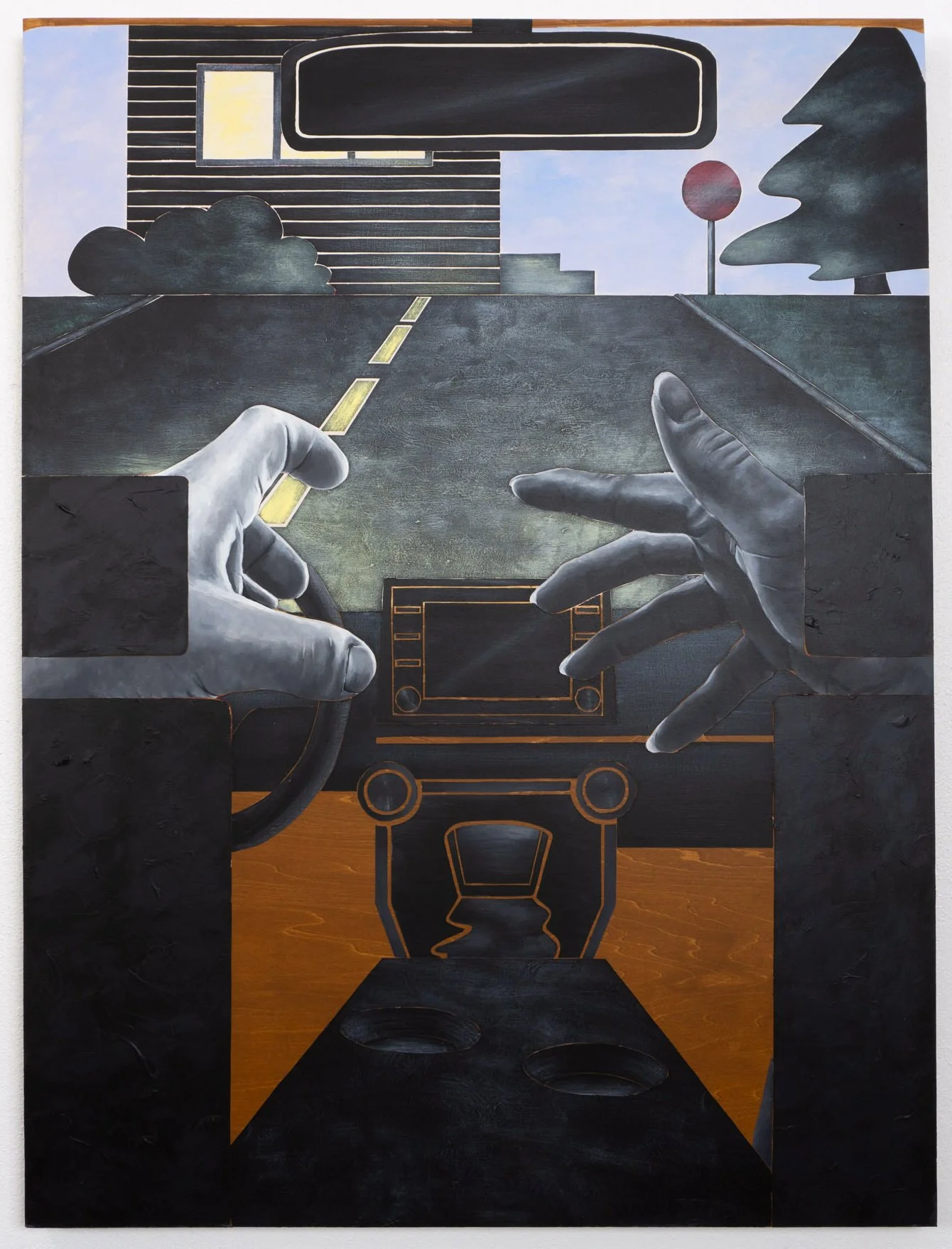 A light and dark hand reach toward each other across a car console, a suburban landscape visible through the windshield at night. Figurative narrative painting by April Werle exploring racial identity, code-switching, and interracial relationships.