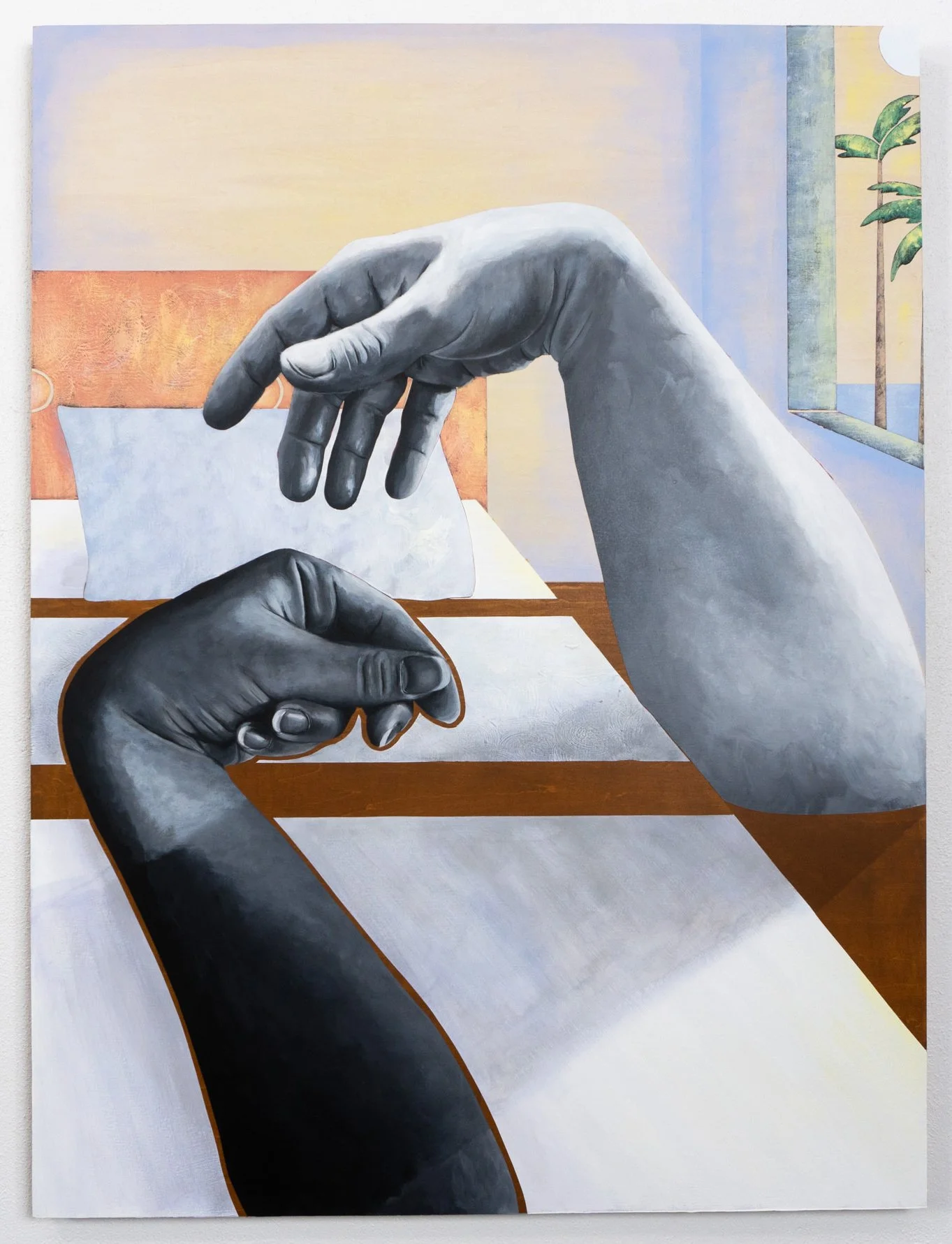 A light hand reaches toward a dark hand laying in bed, a tropical landscape visible through a window beyond. Figurative narrative painting by April Werle exploring Filipino American diaspora, immigration, and interracial domestic life.