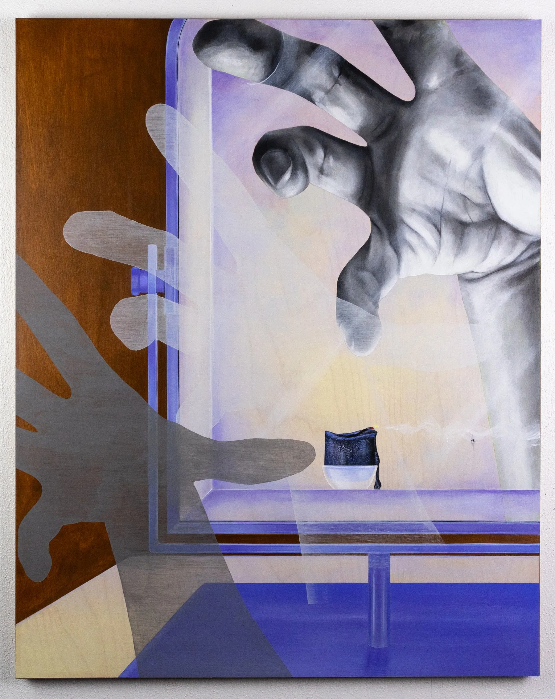 A large grayscale hand reaches down toward a small dark figure reflected in a luminous mirror framed in periwinkle, beside a ghostly shadow hand. Figurative narrative painting by April Werle exploring colorism and mixed-race identity