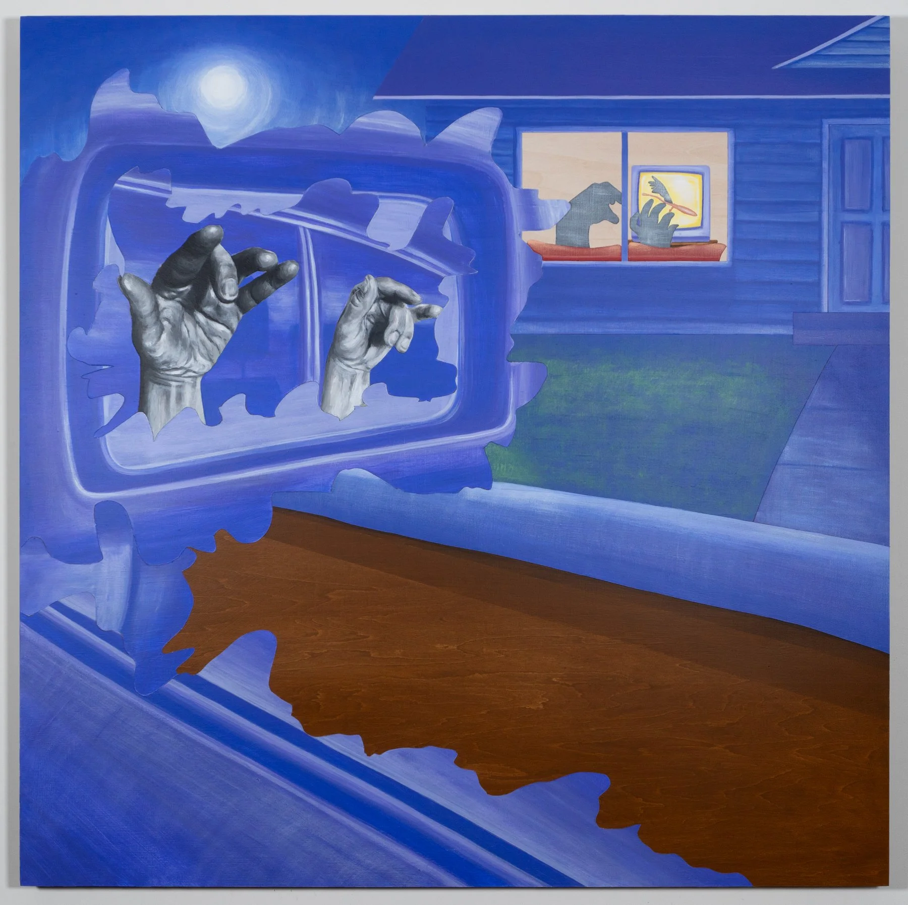 Acrylic painting by April Werle. Two gray-toned hands in a car's sideview mirror, blue nocturnal suburb, lit window with shadowy figures. Wood-grain stain pools across foreground. Mixed-race identity, 90s nostalgia.
