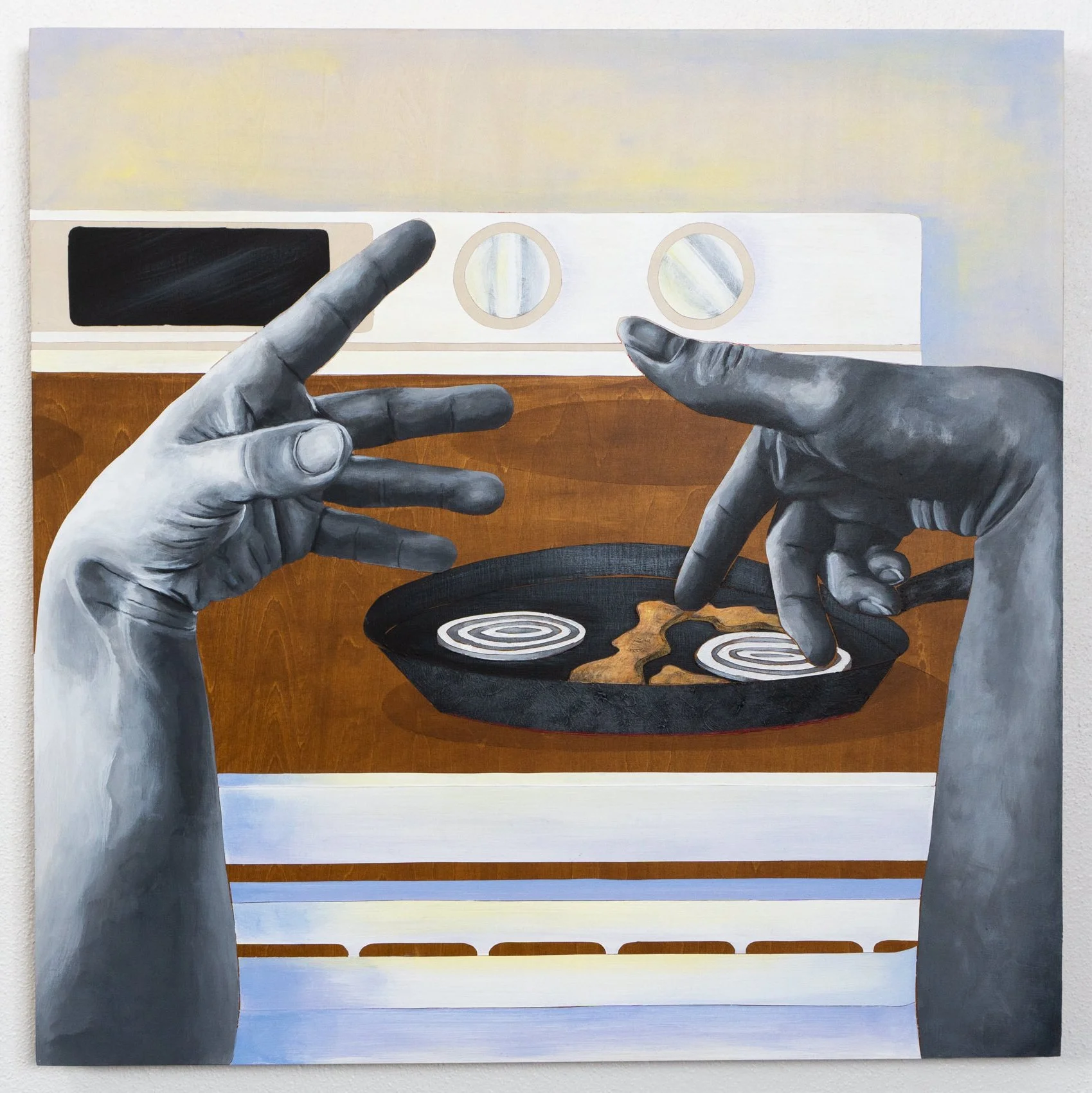 Two grayscale hands negotiate over a frying pan on a stove, one gesturing insistently toward the other. Figurative narrative painting by April Werle exploring interracial domestic life, cultural conflict, and shared identity.