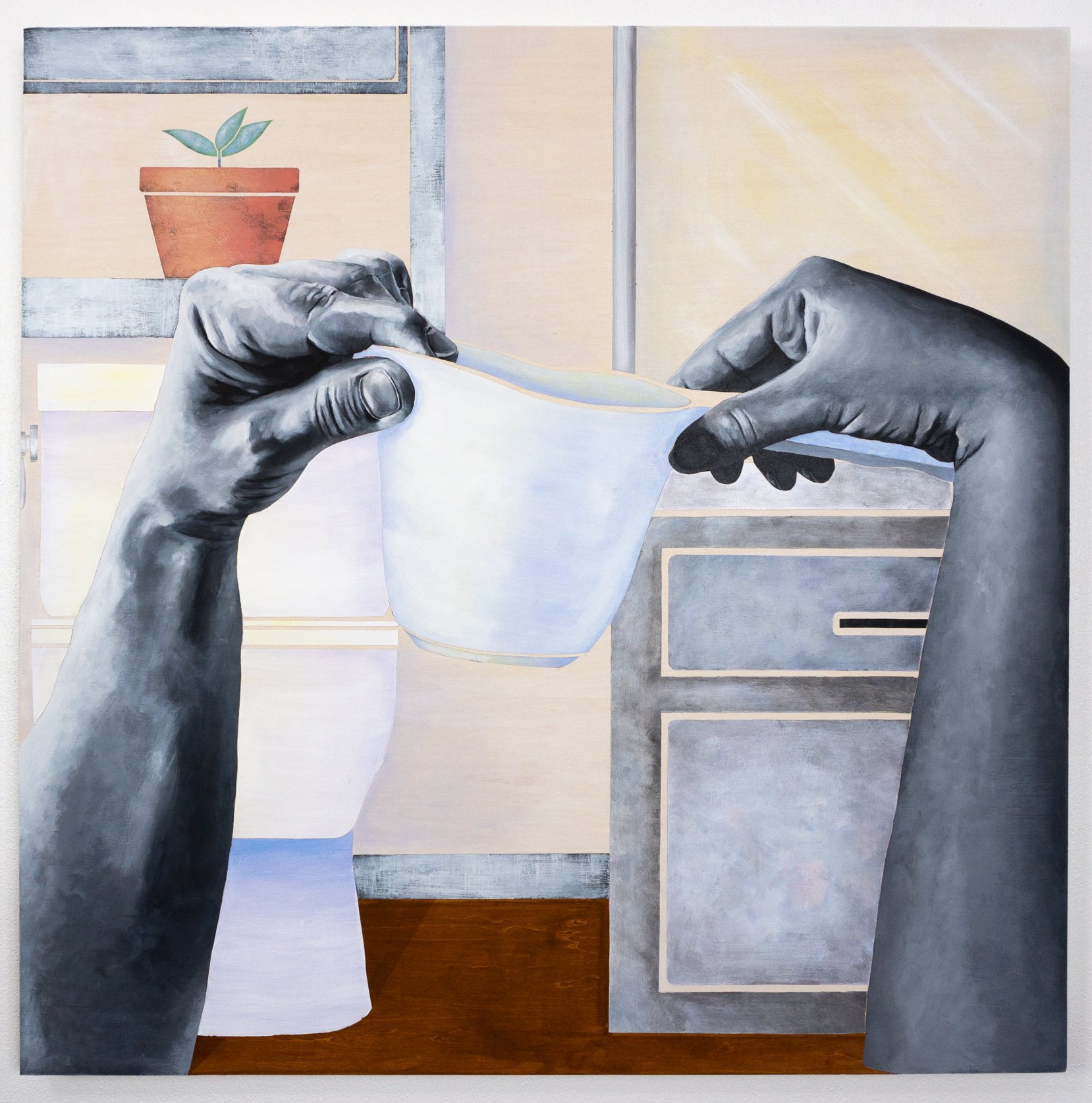 Two grayscale hands pass a white bowl between them in a sunlit bathroom, a toilet behind them. Figurative narrative painting by April Werle exploring Filipino American domestic life, humor, and diaspora.