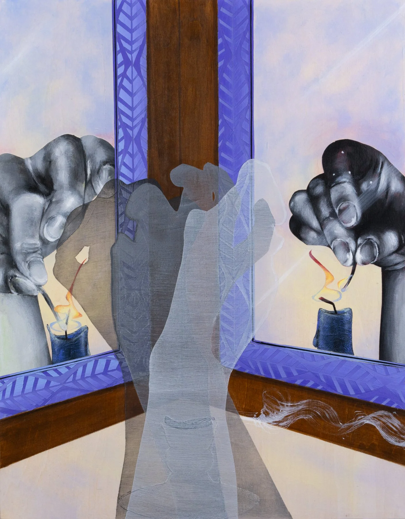 Two hands light candles in facing mirrors as a ghost figure stands between them — from The Candle Studies, April Werle's series of small figurative paintings exploring identity and transformation through magical objects, Bell Projects, 2025.