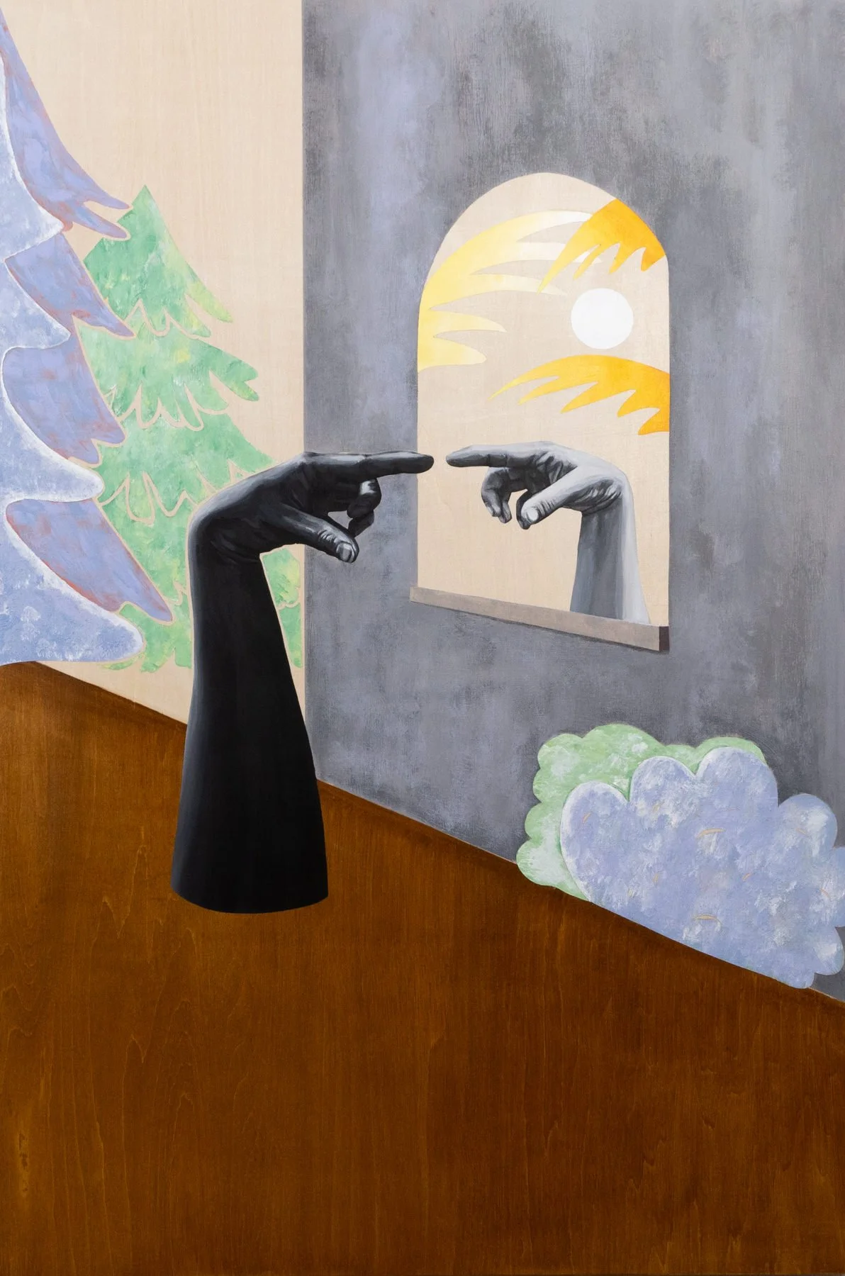 "I started looking in the mirror and only seeing a white person.", April Werle, 2023, 36 × 24 in, acrylic and stain on wood panel — disembodied hand before a mirror, exploring mixed-race identity loss and internalized whiteness