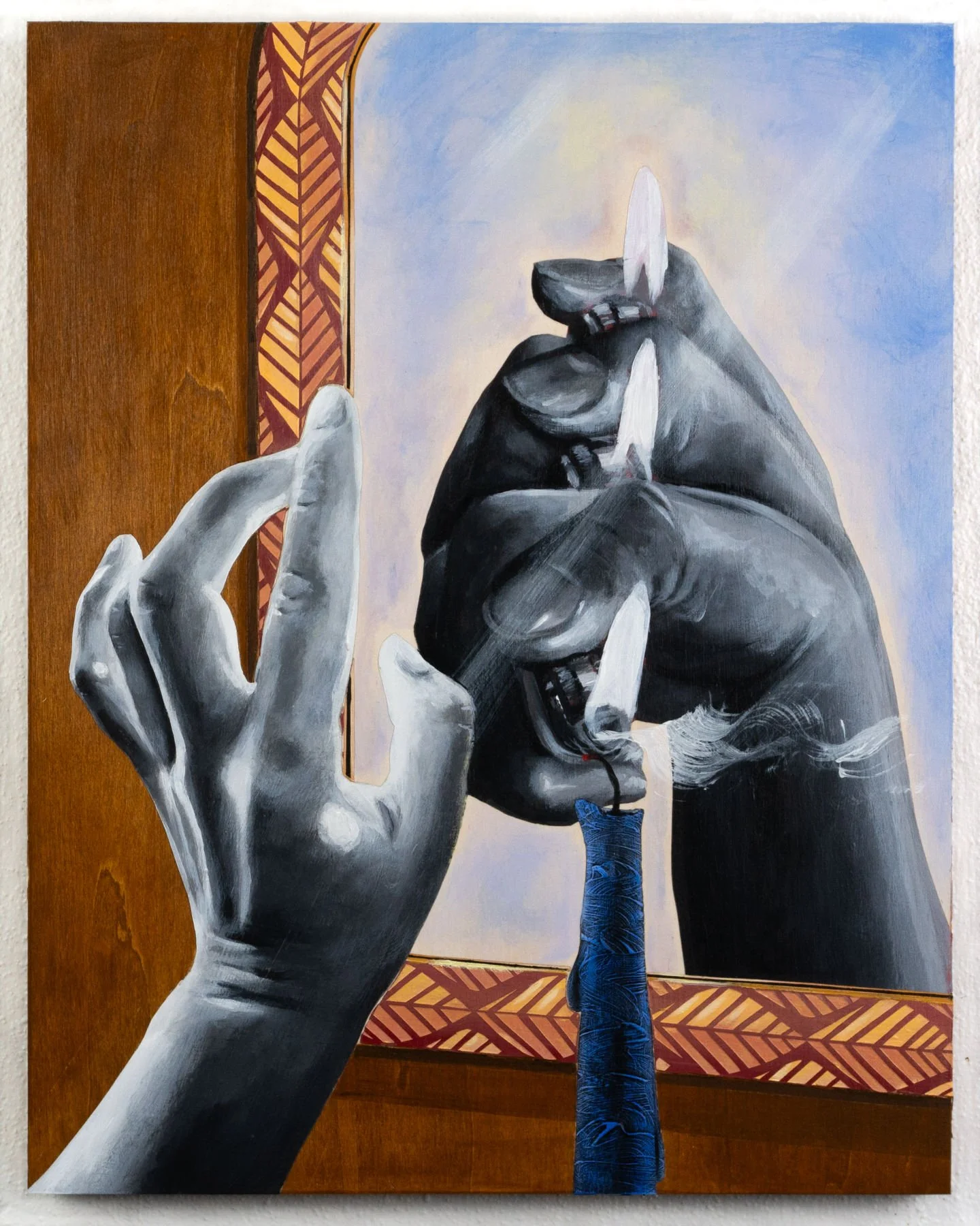 A light grayscale hand looks into a mirror to find a dark reflected hand holding a lighter, luminous and deity like. Figurative narrative painting by April Werle exploring colorism, self-perception, and transformation.