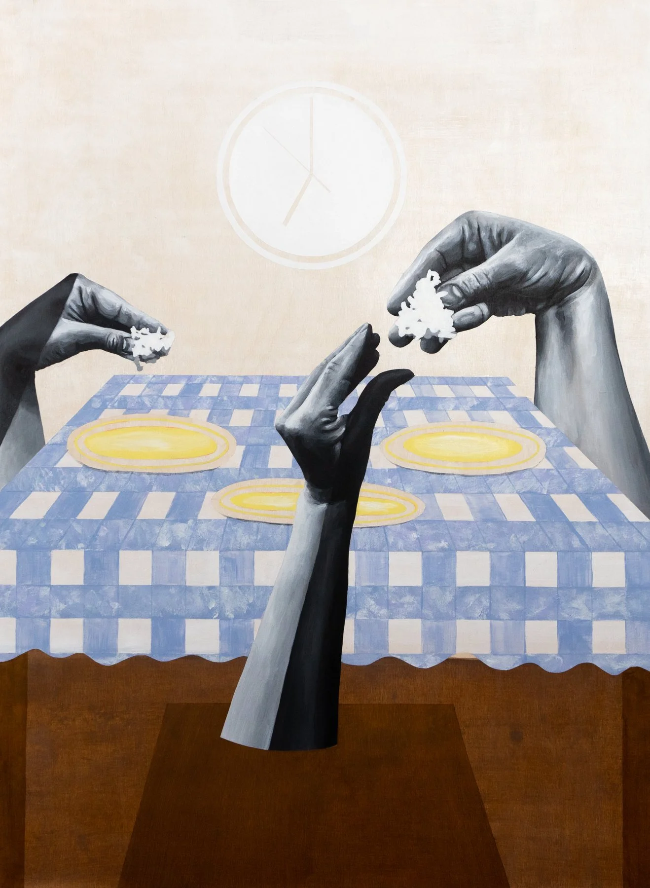   "Food tastes better this way."  , 2023
 
40 x 30 in 
Acrylic and stain on wood panel