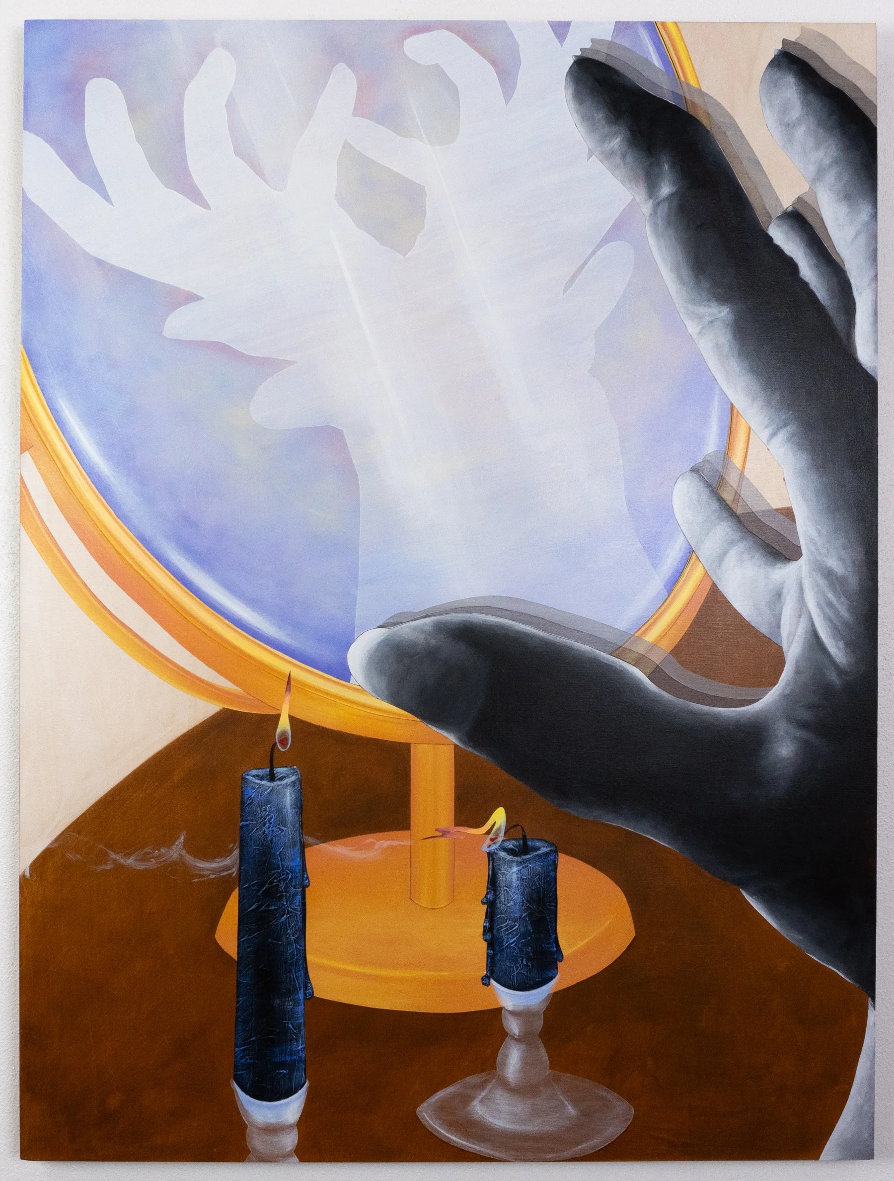 A dark hand vibrates in front of a gold-framed mirror framing a luminous stag deity, two blue candles burning in the foreground. Figurative narrative painting by April Werle exploring internalized bias, transformation, and mixed-race identity.