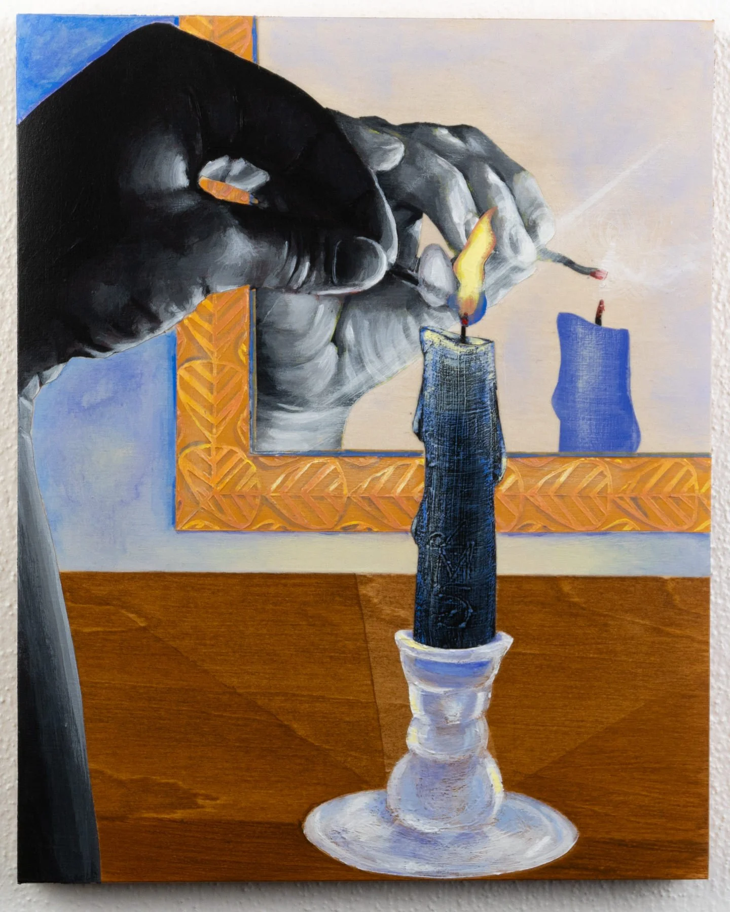 A dark hand lights a blue candle before a gold-framed mirror, a second unlit candle reflected in the distance. Figurative narrative painting by April Werle exploring self-perception and transformation through magical objects.
