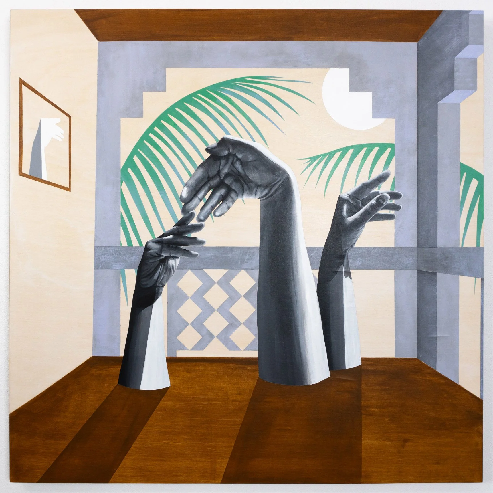 April Werle, 2023, 36 × 36 in. Three grayscale hands reach and gesture in a tropical interior with palm fronds, diamond tile, and sunlight — a meditation on diaspora, belonging, and the longing to return. From Halo-Halo: The Mixed Children.
