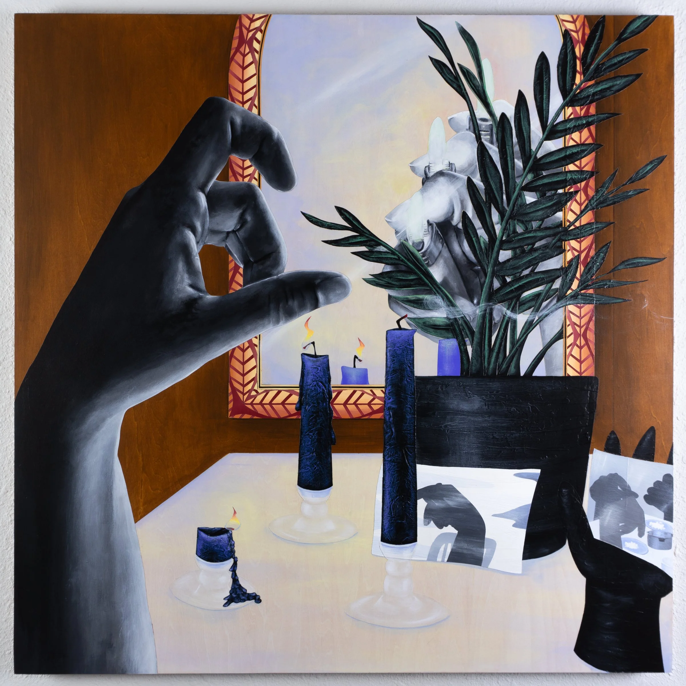 A dark hand gestures before an altar of blue candles, tropical plants, and photographs, reflected in an ornate mirror. Figurative narrative painting by April Werle exploring internalized bias, colorism, and folkloric ritual.