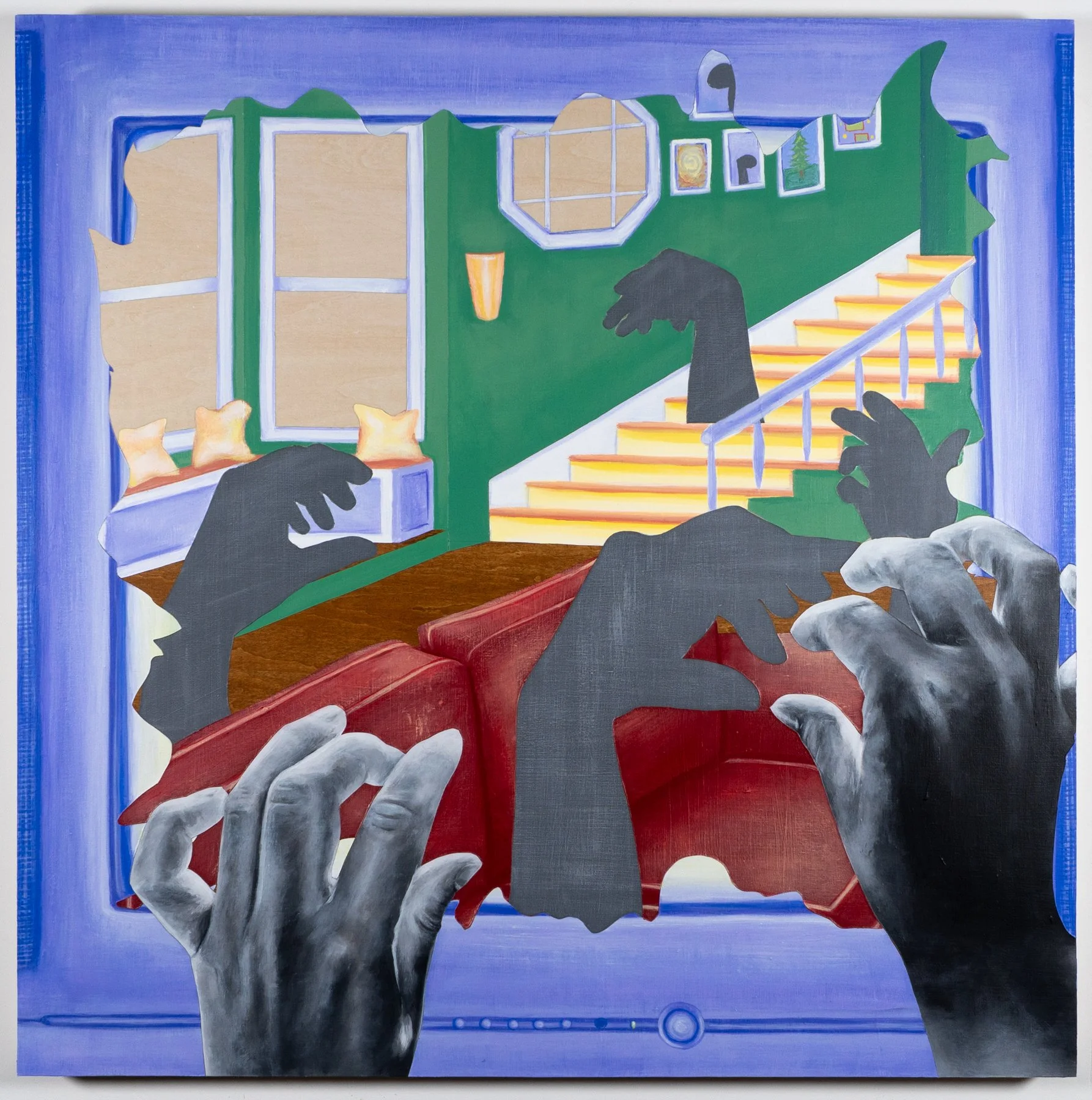 Grayscale hands press through a television screen into a domestic interior — green walls, red sofa, illuminated staircase. Figurative narrative painting by April Werle exploring American pop culture, identity, and diaspora.