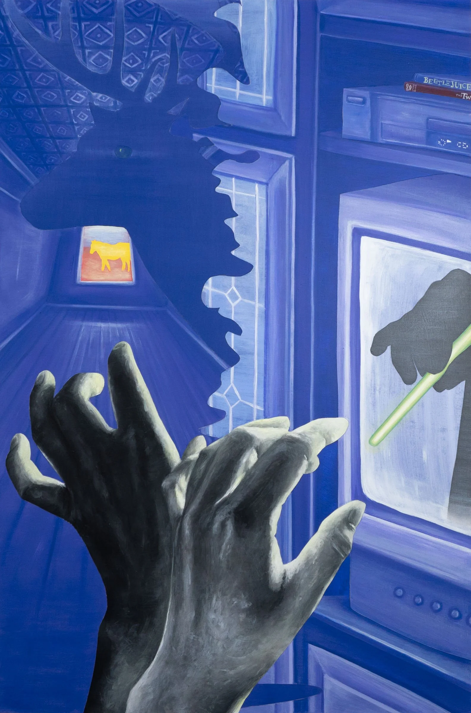 April Werle, "How come Dad isn't a cowboy?" 2026. Acrylic on wood panel. Figurative narrative painting on the myth of the West, mixed-race identity, and childhood nostalgia; gray hands reach toward a CRT TV as a mounted deer head and golden horse glo