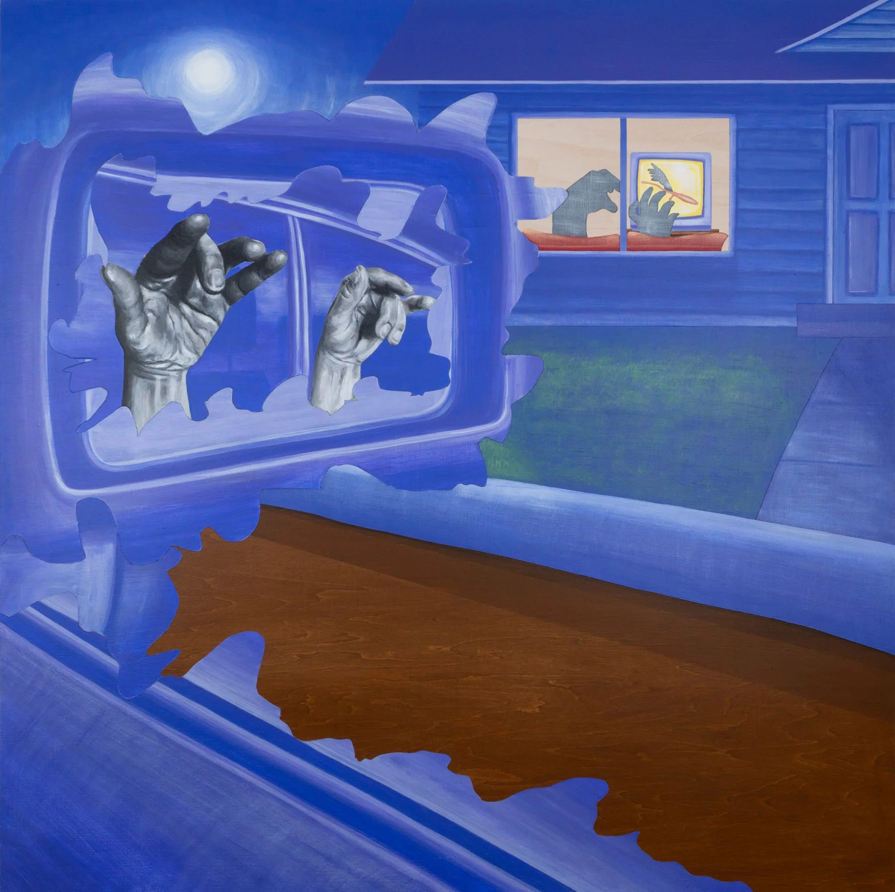 Figurative acrylic painting by April Werle, narrative painter based in Missoula, Montana. Two gray-toned hands peer out from within a car's sideview mirror against a deep blue nocturnal suburban landscape. A lit house window in the background reflect