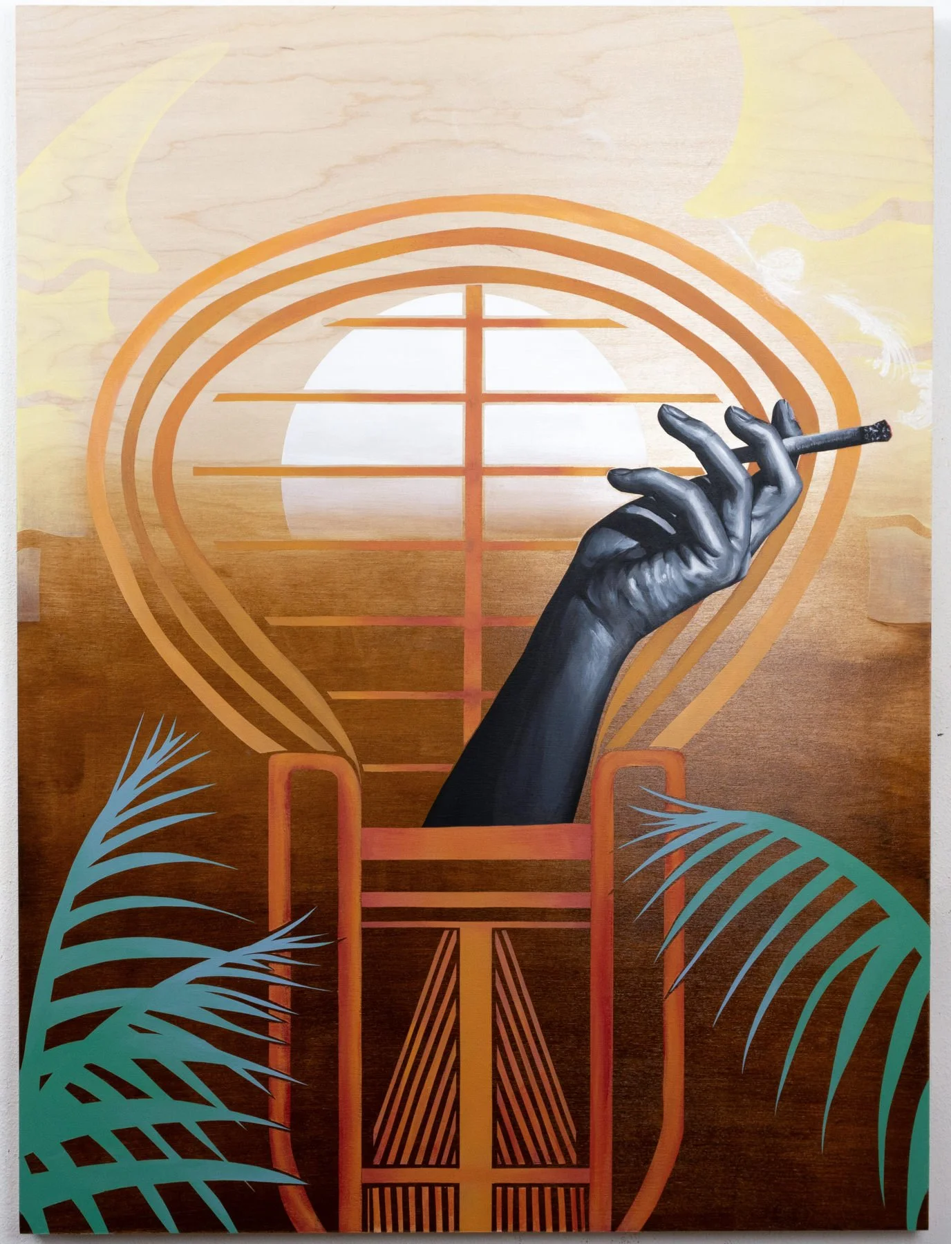 April Werle, "Where are you from-from?", 2023, acrylic and stain on wood panel, 40 x 30 in. A grayscale hand holds a cigarette from within a peacock chair, flanked by teal palm fronds against a warm stained wood background.
