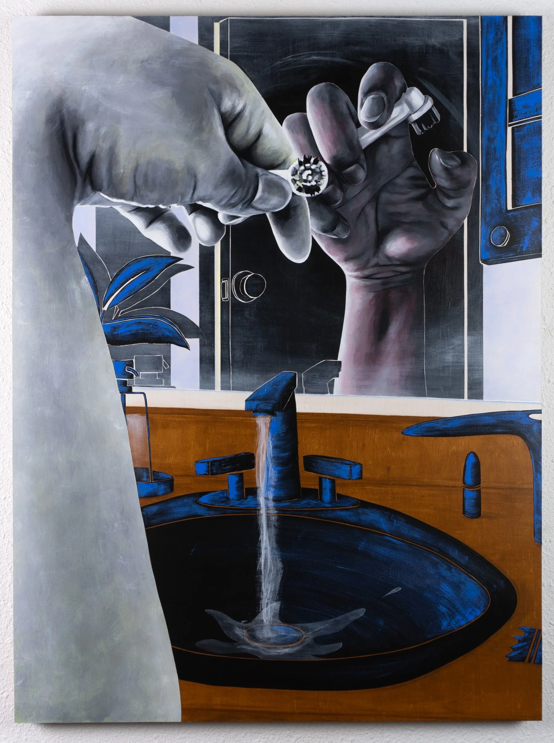 A light grayscale hand holds a small object toward a darker reflected hand in a bathroom mirror above a running cobalt sink. Figurative narrative painting by April Werle exploring colorism, self-perception, and mixed-race identity.