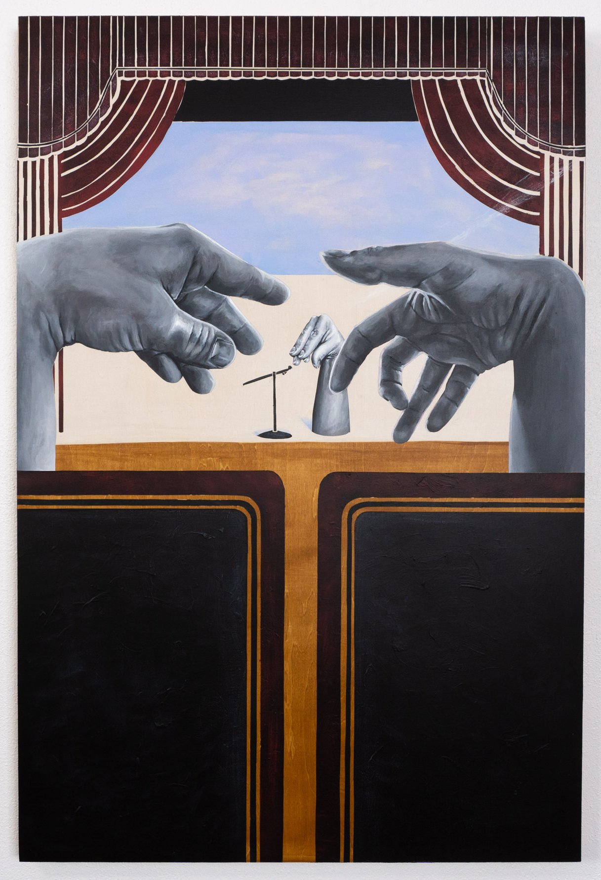 Two large grayscale hands reach toward a small figure at a microphone on a stage framed by theater curtains. Figurative narrative painting by April Werle exploring cultural conflict, interracial relationships, and mixed-race identity.