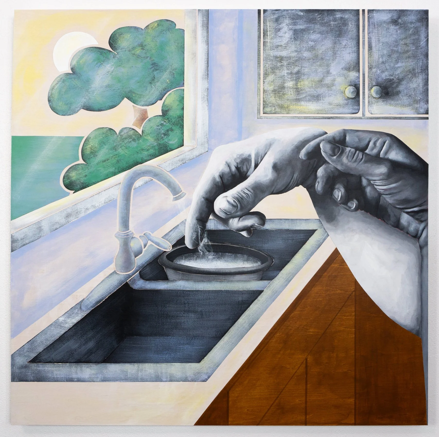 Two grayscale hands measure rice in a bowl at a kitchen sink, a sunlit window framing lush green trees beyond. Figurative narrative painting by April Werle exploring Filipino American diaspora, domestic memory, and immigrant family life.