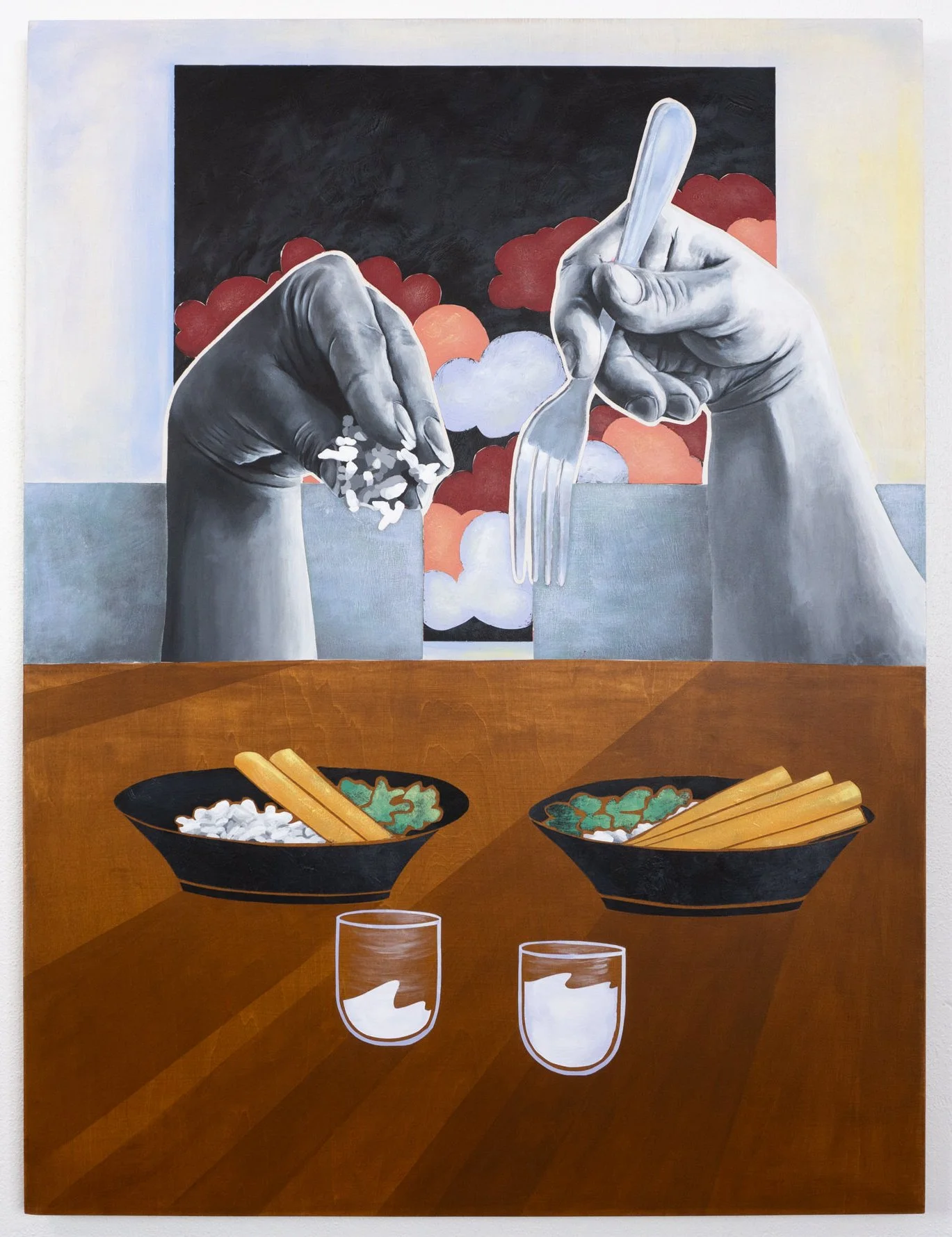 Two grayscale hands eat rice by hand and with a fork above two cups of sake and bowls of lumpia, rice, salad. Figurative narrative painting by April Werle exploring Filipino American food culture, diaspora, and interracial domestic life.