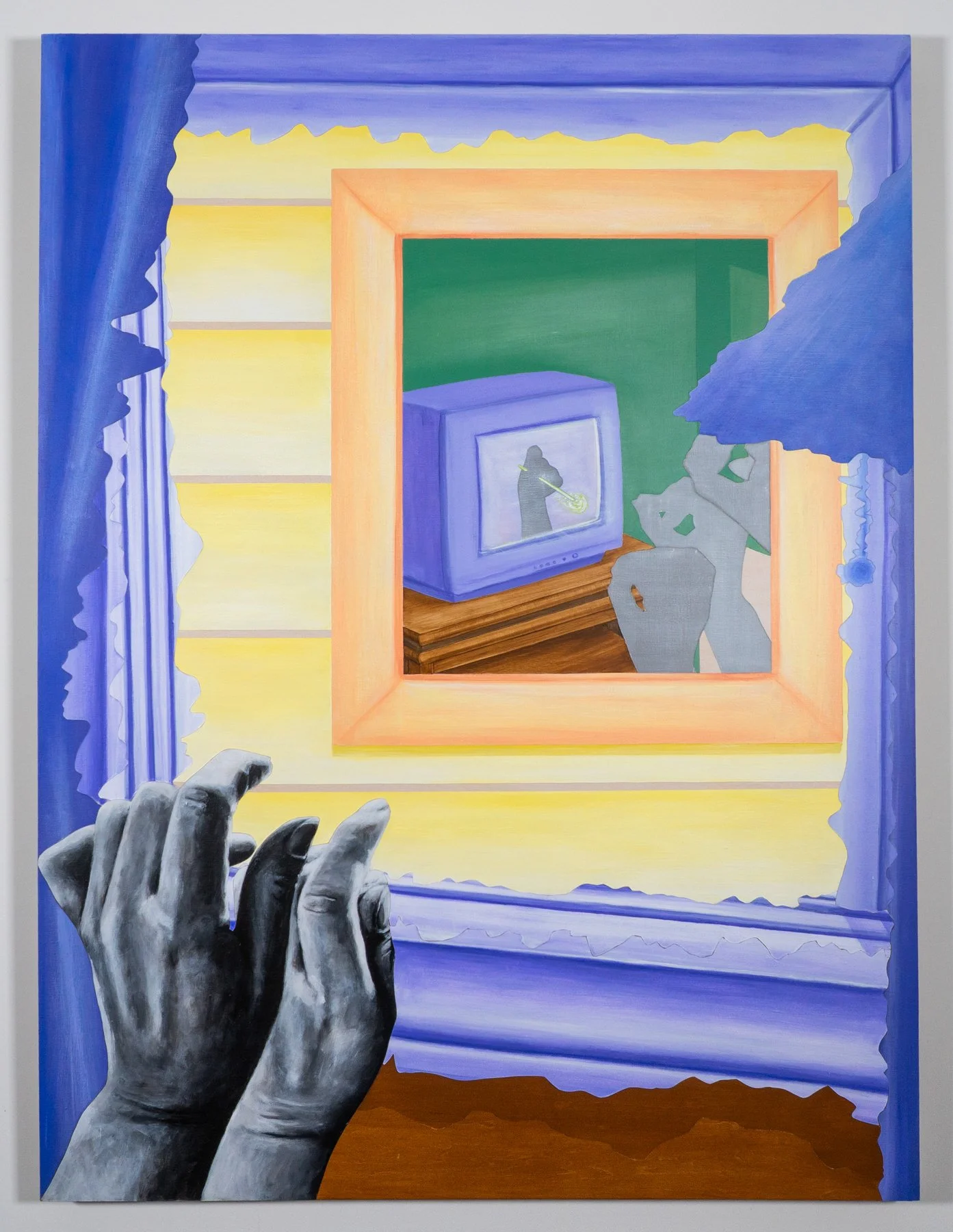 Grayscale hands reach toward a painting-within-a-painting — a CRT television glowing in a domestic interior with dissolving architectural edges. Figurative narrative painting by April Werle exploring American pop culture, assimilation, and diaspora.