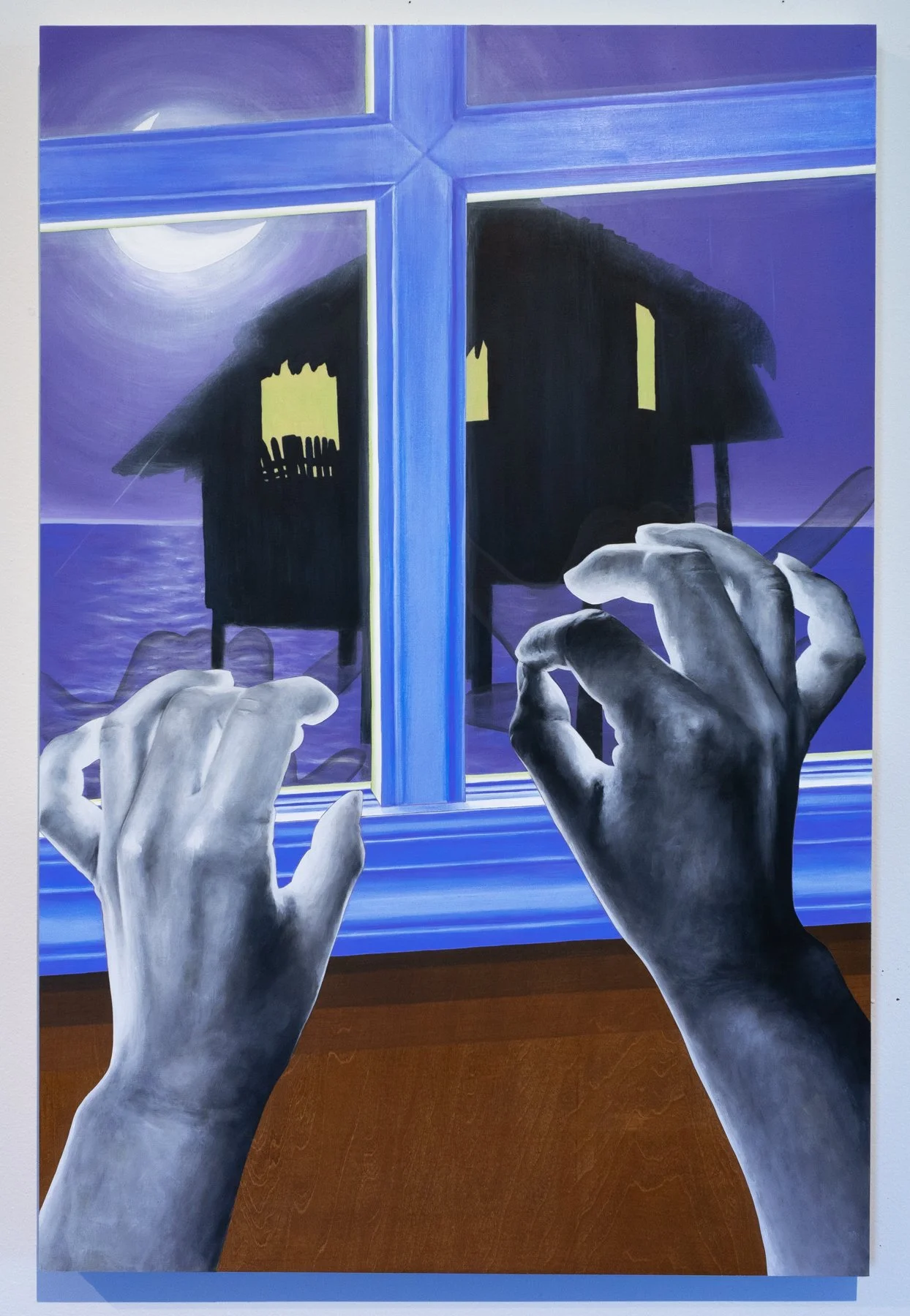 Two grayscale hands reach toward a window at night, fingers nearly touching, facing a silhouetted stilt house over moonlit water. Figurative narrative painting by April Werle exploring diaspora, memory, and longing.