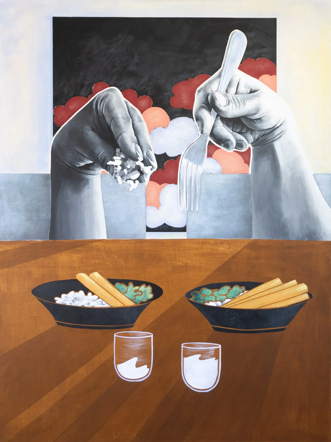   "I'll save the forks for you."  , 2024
 
40 x 30 in 
Acrylic and stain on wood panel