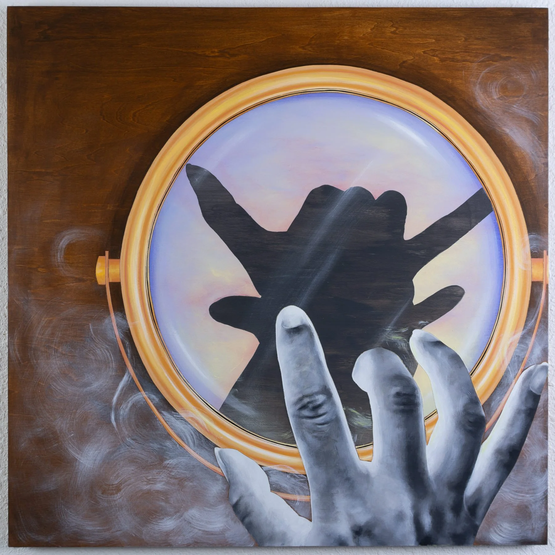 A light grayscale hand reaches into a round gold-framed mirror to find a dark shadow figure looking back, surrounded by smoke. Figurative narrative painting by April Werle exploring colorism, internalized bias, and mixed-race self-perception.