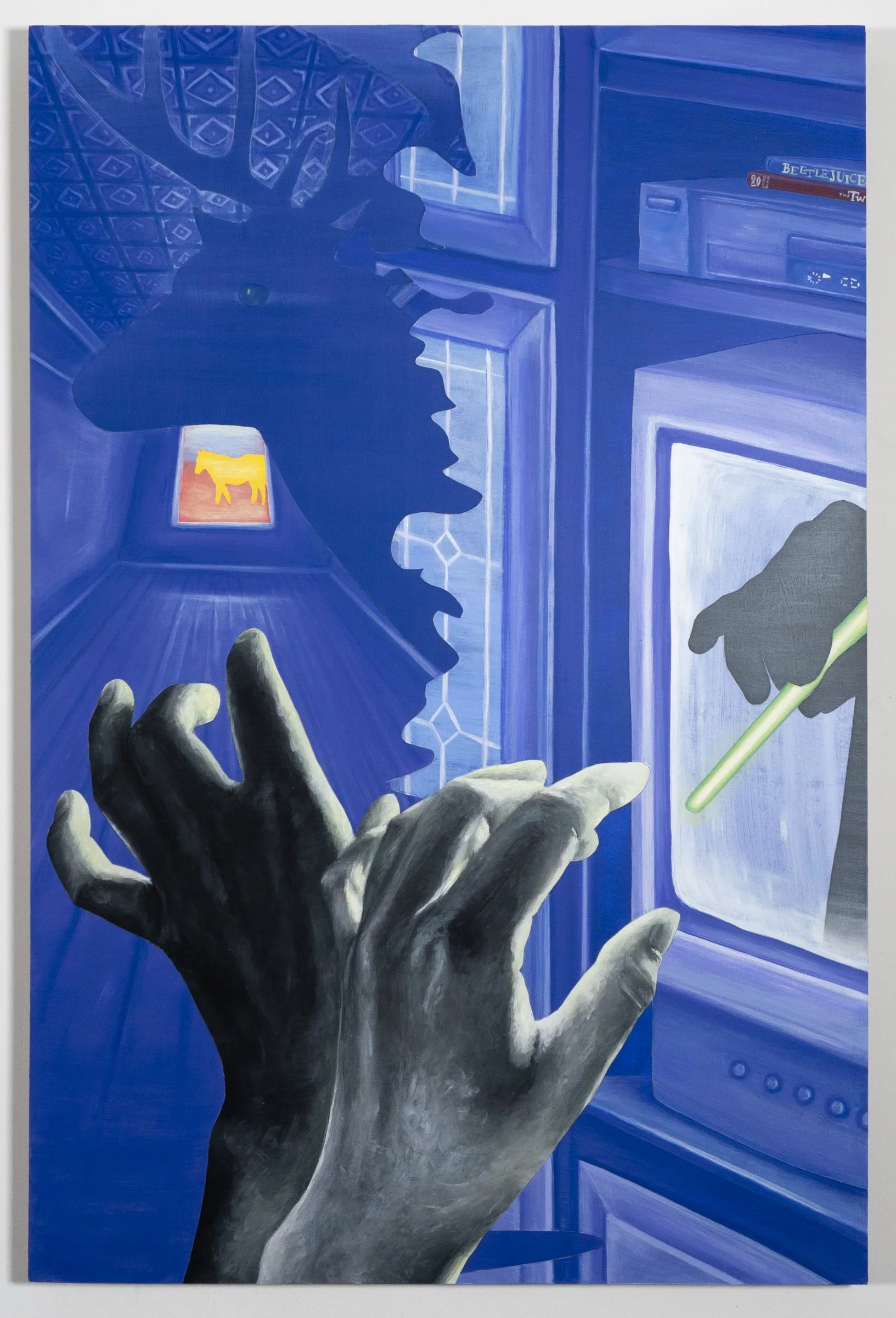 April Werle, "How come Dad isn't a Cowboy?" Acrylic on wood panel. Narrative painting on the myth of the West and mixed-race identity; gray hands reach toward a CRT TV as a mounted deer head and golden horse glow in a blue domestic interior.