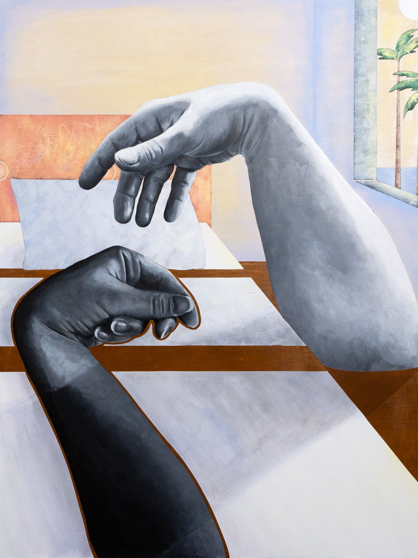   "We can send money home."  , 2024
 
40 x 30 in 
Acrylic and stain on wood panel