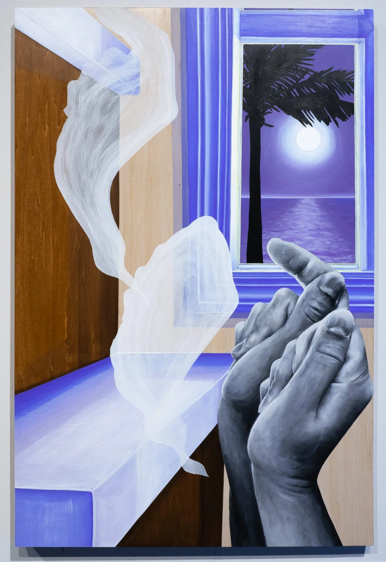 Grayscale hands gesture toward a window framing a moonlit tropical seascape with a silhouetted palm tree, beside billowing translucent figures. Figurative narrative painting by April Werle exploring diaspora, longing, and imagined belonging.