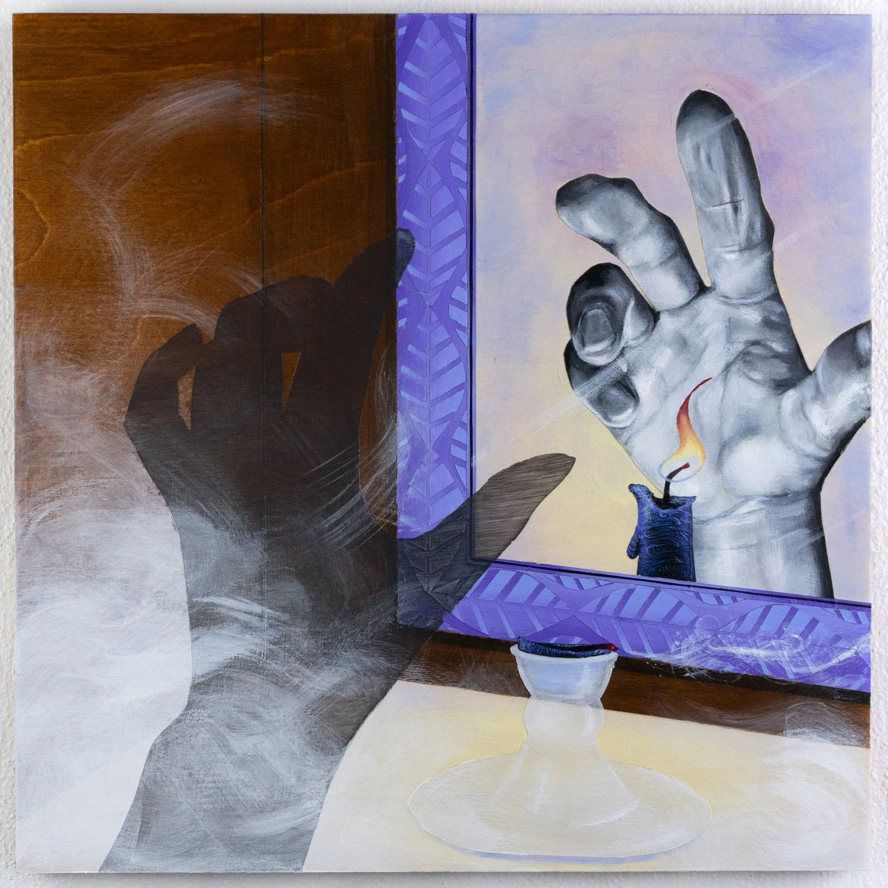 A ghostly shadow hand hovers beside a mirror reflecting a grayscale hand reaching toward a lit blue candle, smoke trailing across the foreground. Figurative narrative painting by April Werle exploring self-perception, haunting, and transformation.