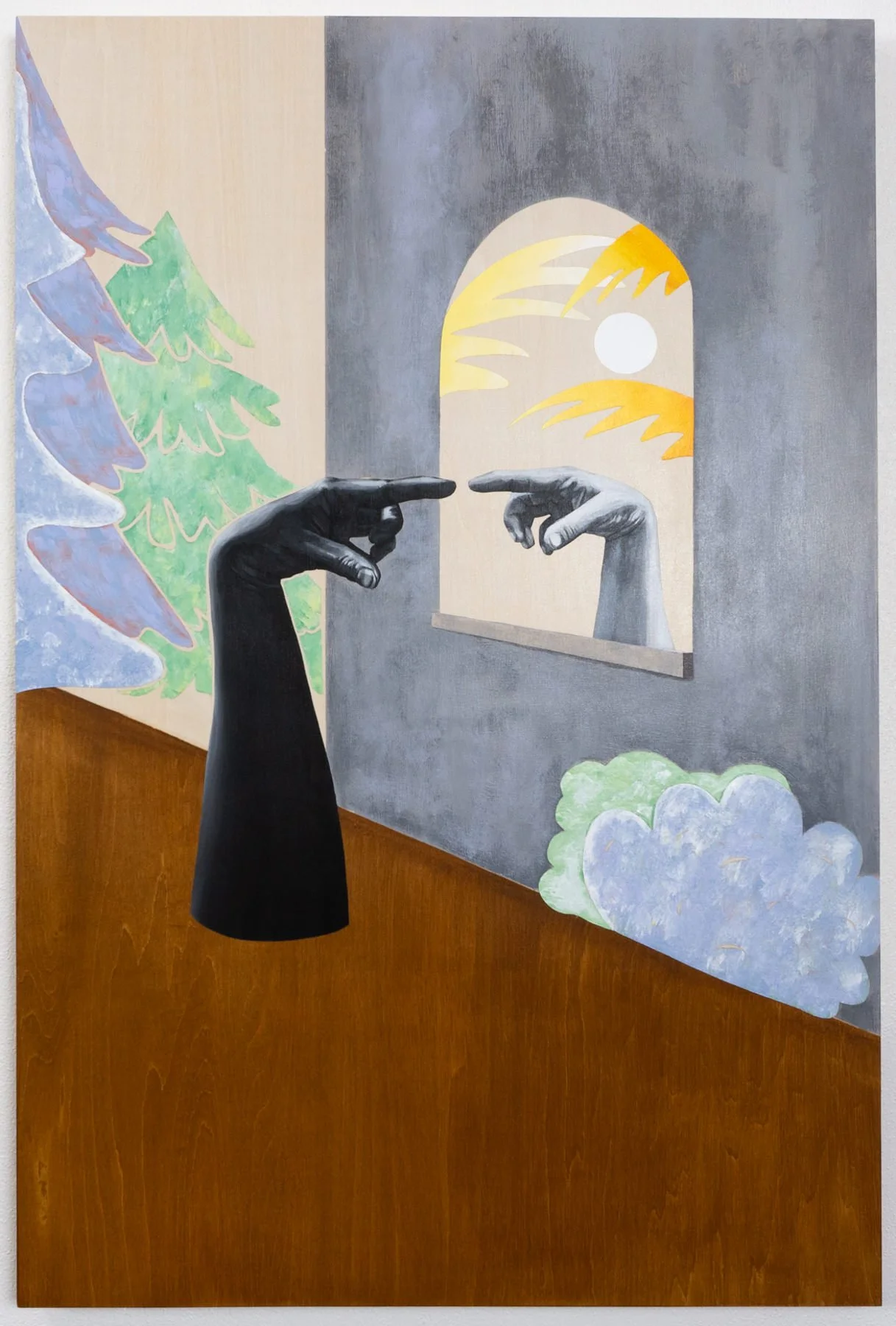 April Werle, 2023, 36 × 24 in. A dark hand points toward its lighter mirror reflection — a split interior of pine trees and tropical light embodying racial self-perception and internalized bias. From Halo-Halo: The Mixed Children.