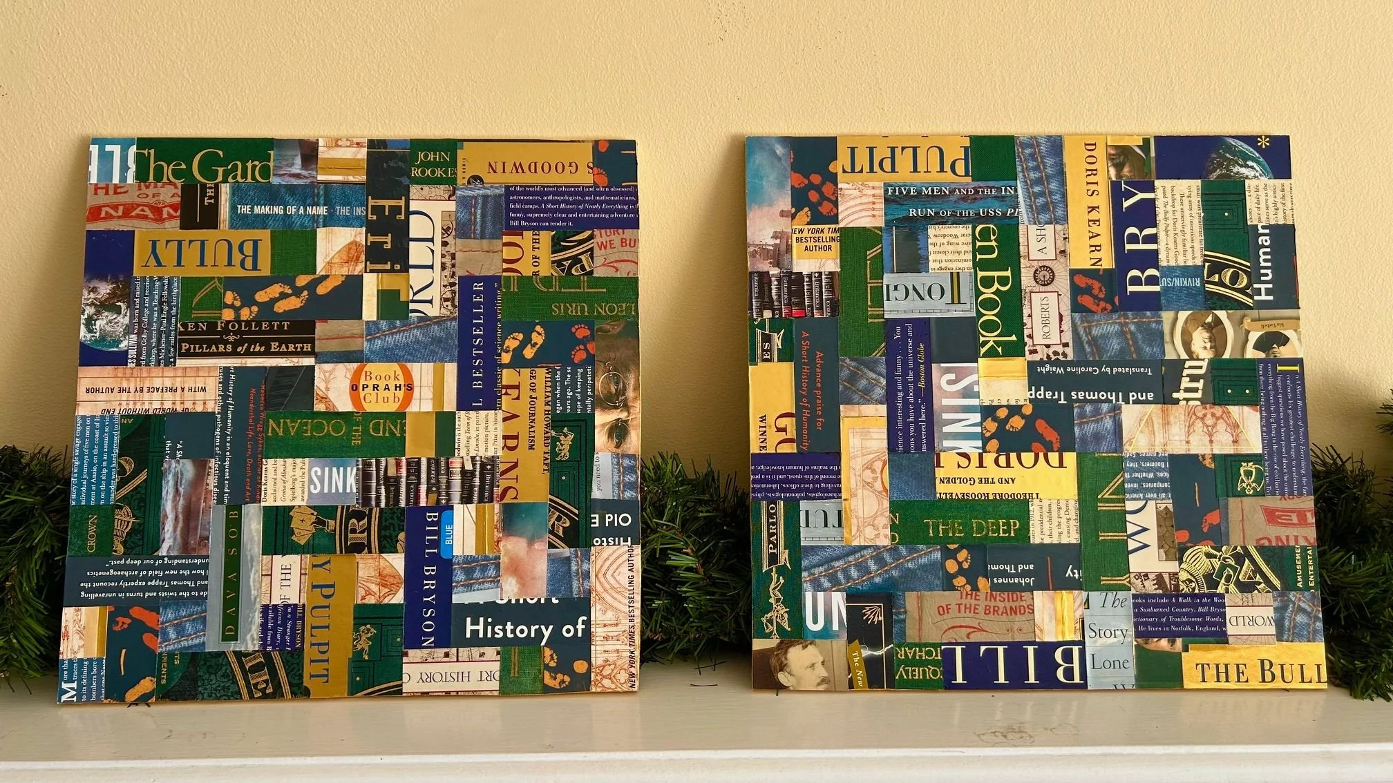 Two art pieces featuring blue, green, and gold patterns from used books.