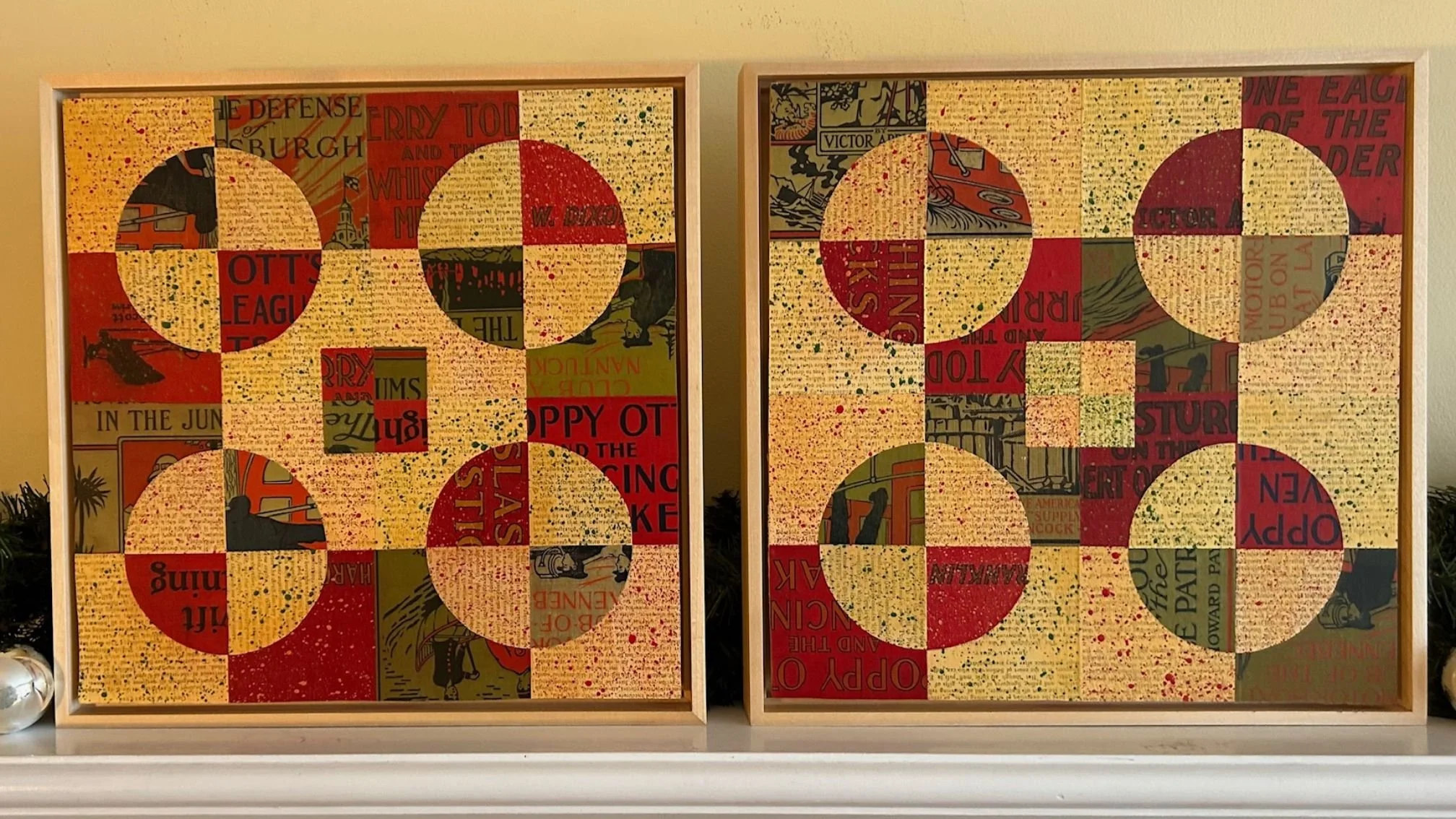 Two holiday pieces featuring red, gold, and green designs that form circles.