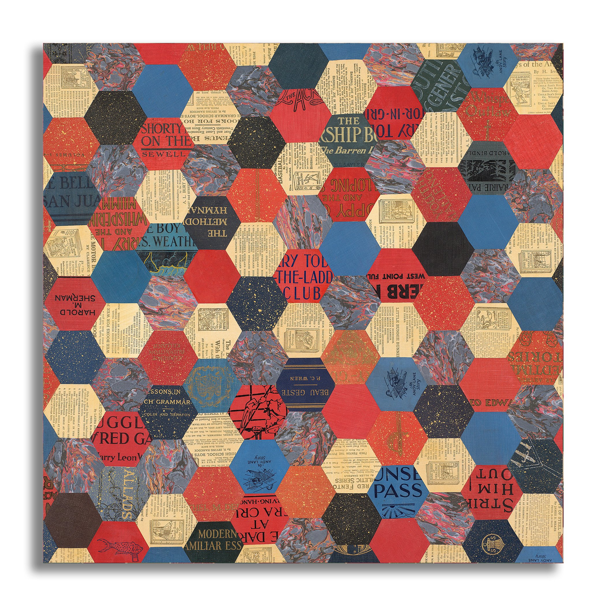 The Barrington, RI piece is made up of hexagon shapes in gold, dark red, and dark blue colors. All of the pieces are made up of old parts of books.