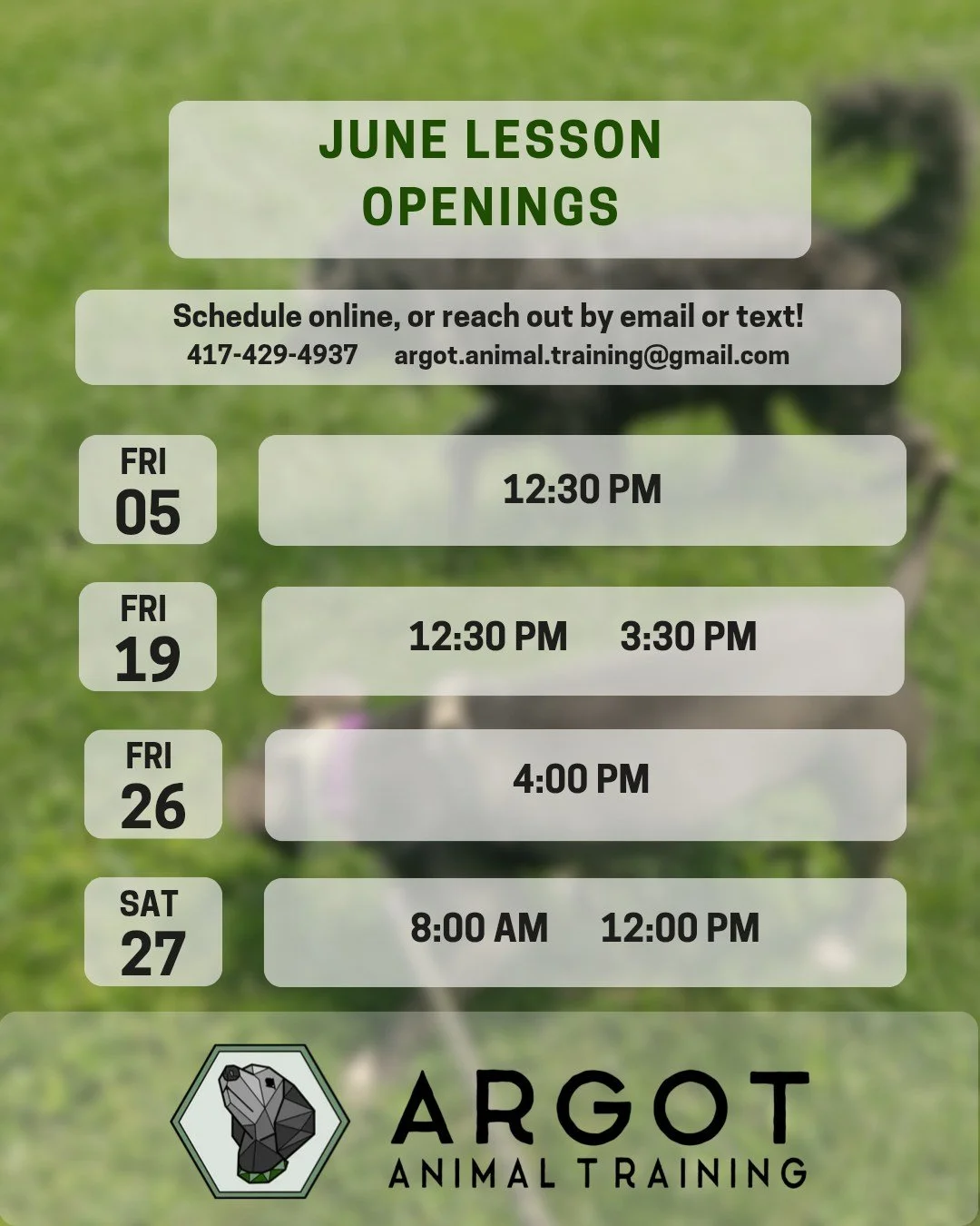 There are still some lesson openings in June! Whether you're just getting started training with your dog or are already in a program and need to get your next lesson booked,  now is a great time to reserve your next lesson time.

-

#dogtrainer #colu