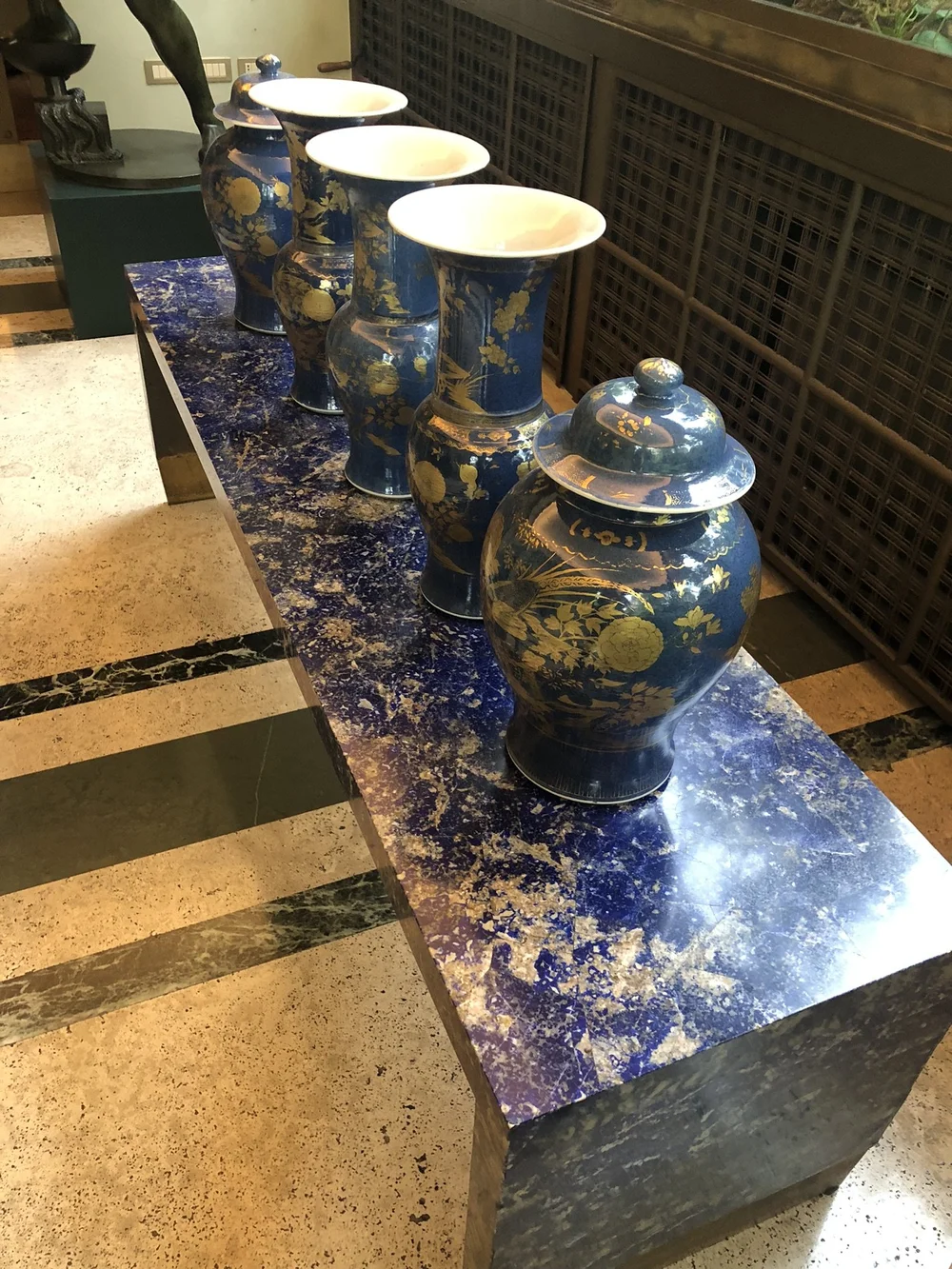 Rare lapis lazuli marble for the veranda's bench