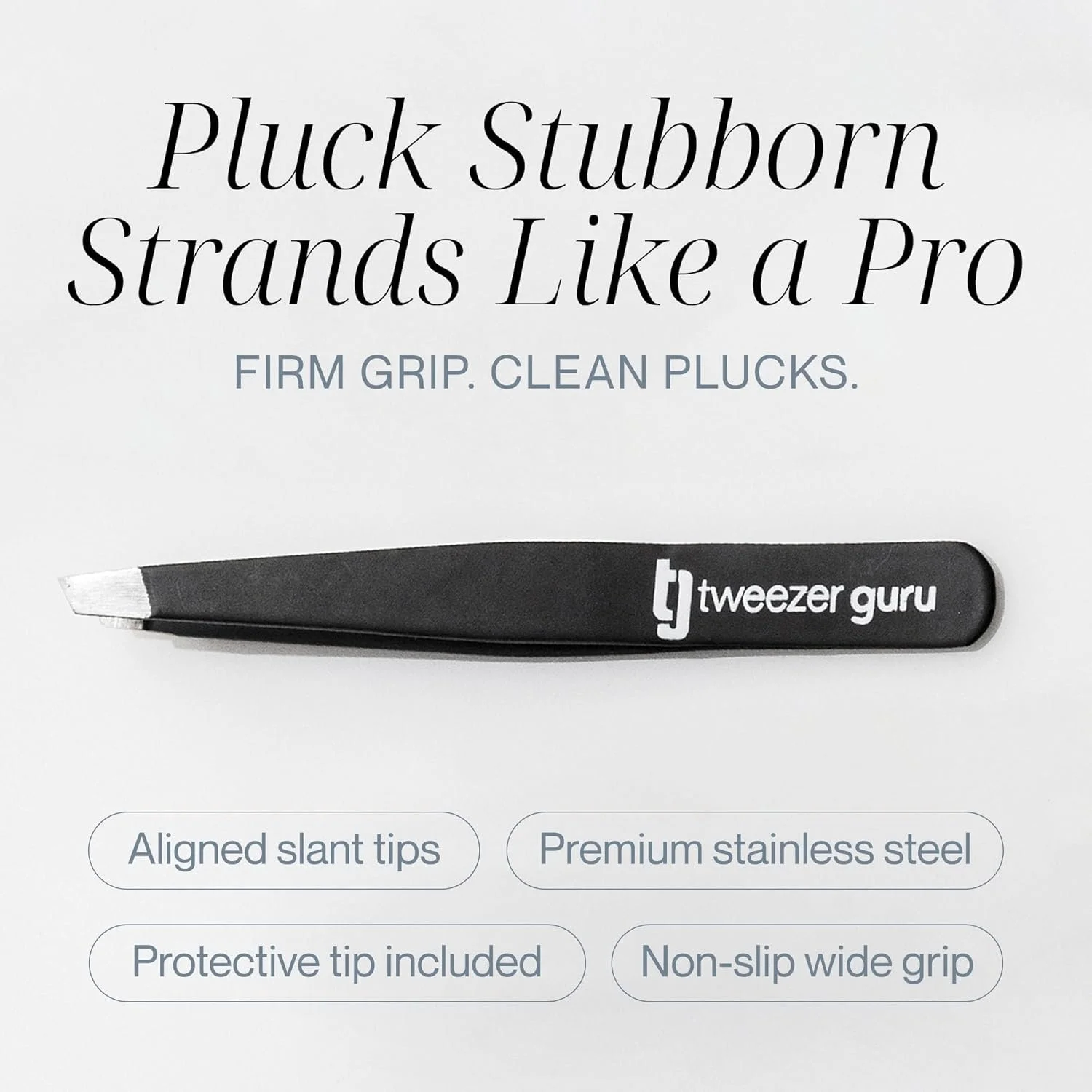 Professional slanted tip tweezers with non-slip grip for ingrown hairs, brows and facial hair.