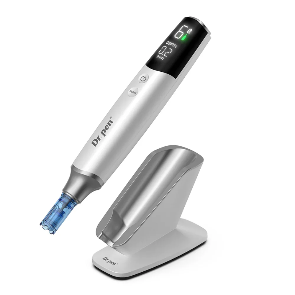 Close up of Dr Pen M9 microneedling pen showing smart depth control system and ergonomic design for skin treatment